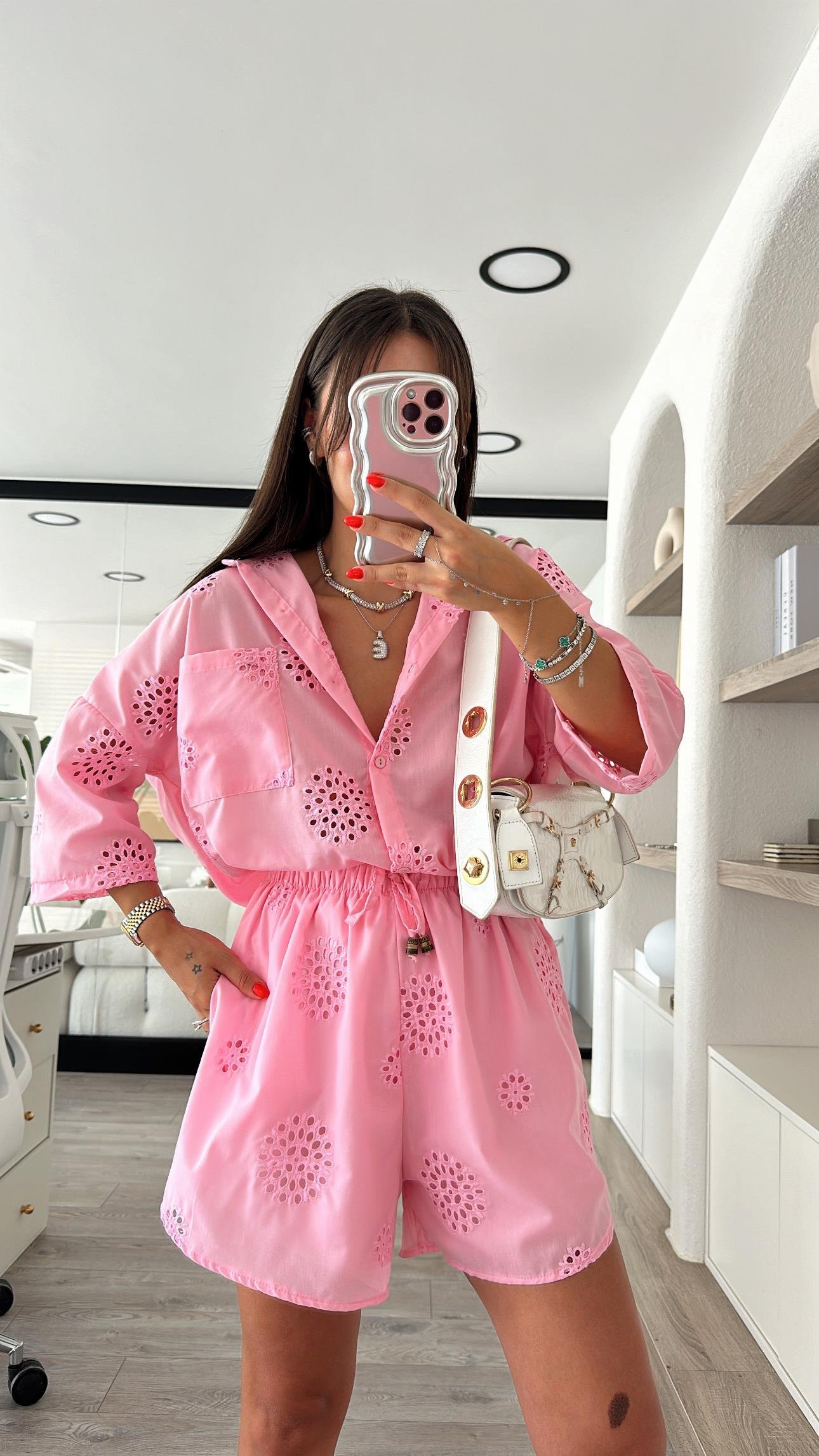 Şeker Pembe Cep Detaylı Fistolu Gömlek Şort Takım 
