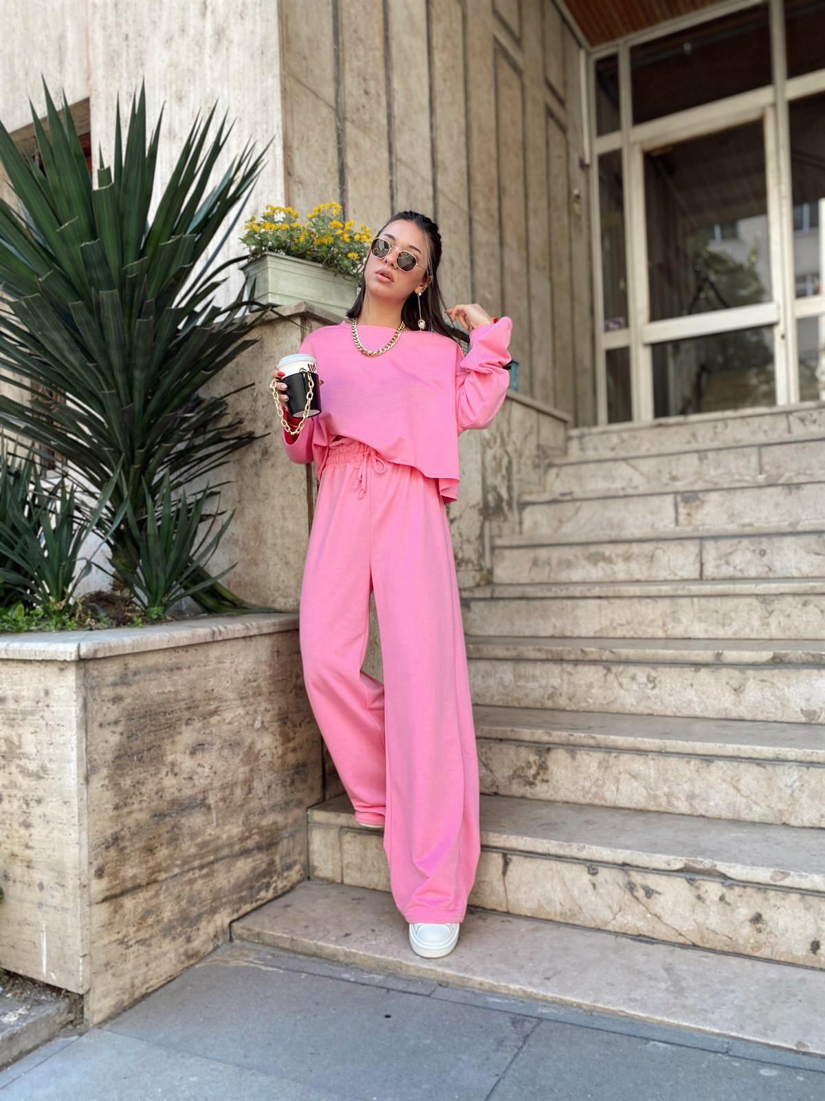 Şeker Pembe Double Yüksek Bel Bol Paça Pantolon