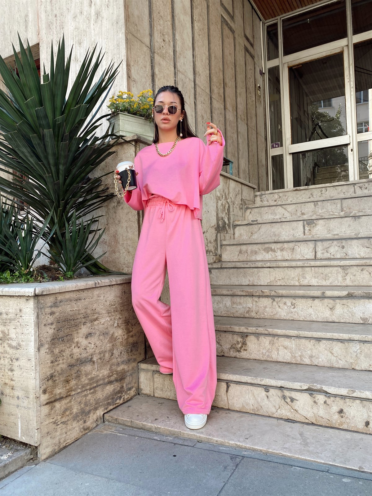 Şeker Pembe Double Yüksek Bel Bol Paça Pantolon