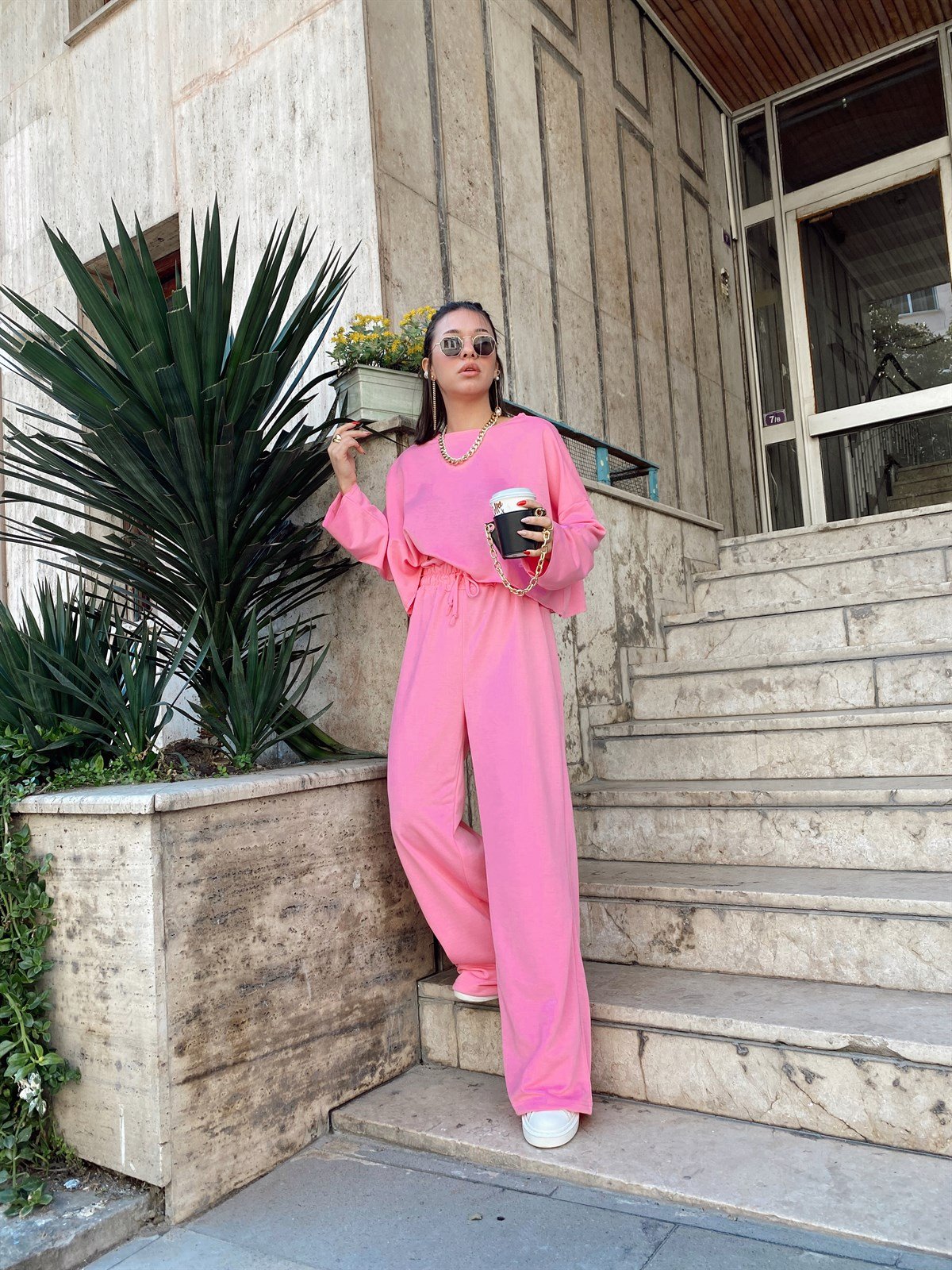 Şeker Pembe Double Yüksek Bel Bol Paça Pantolon