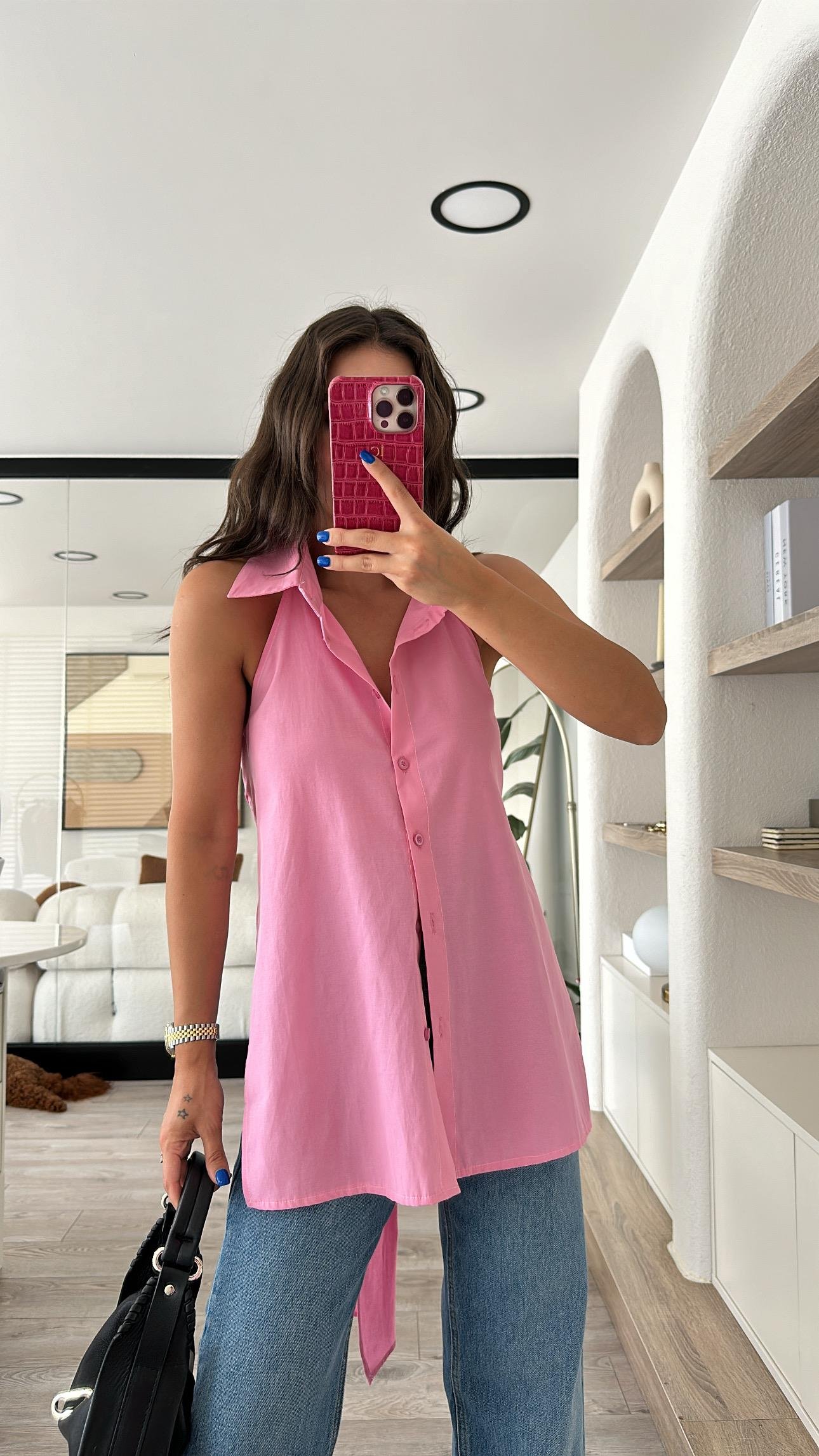 Şeker Pembe Sırt Bağlamalı Gömlek