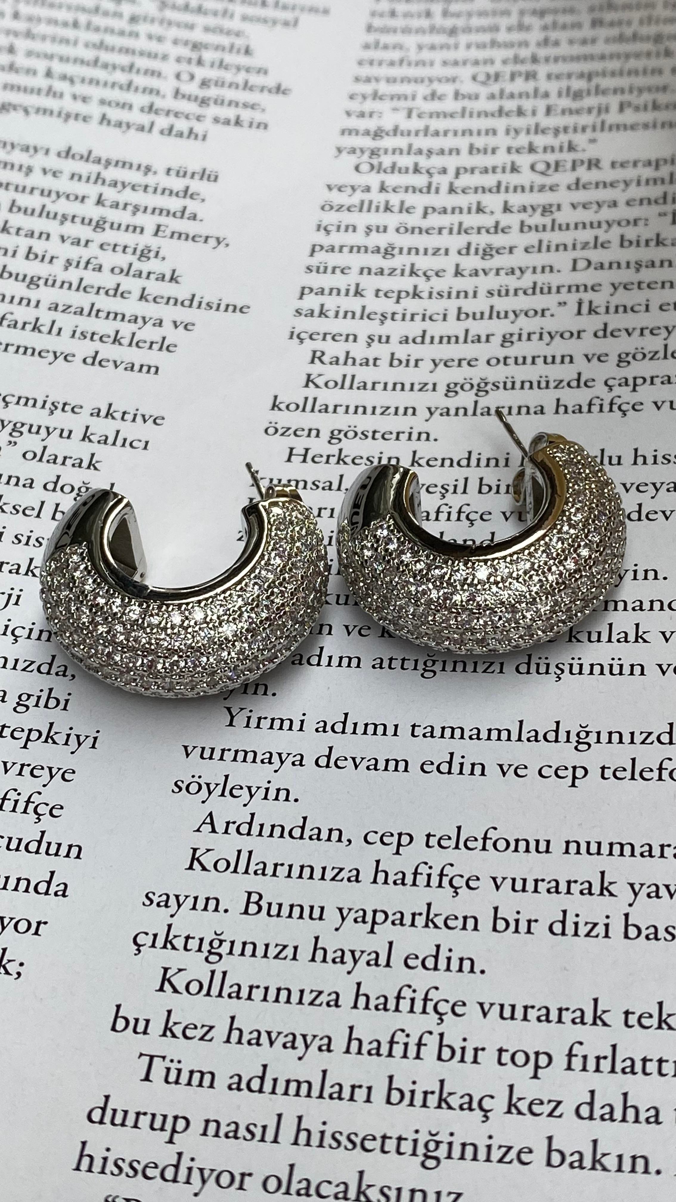 Silver Zirkon Taşlı Özel Seri Yarım Halka Küpe 