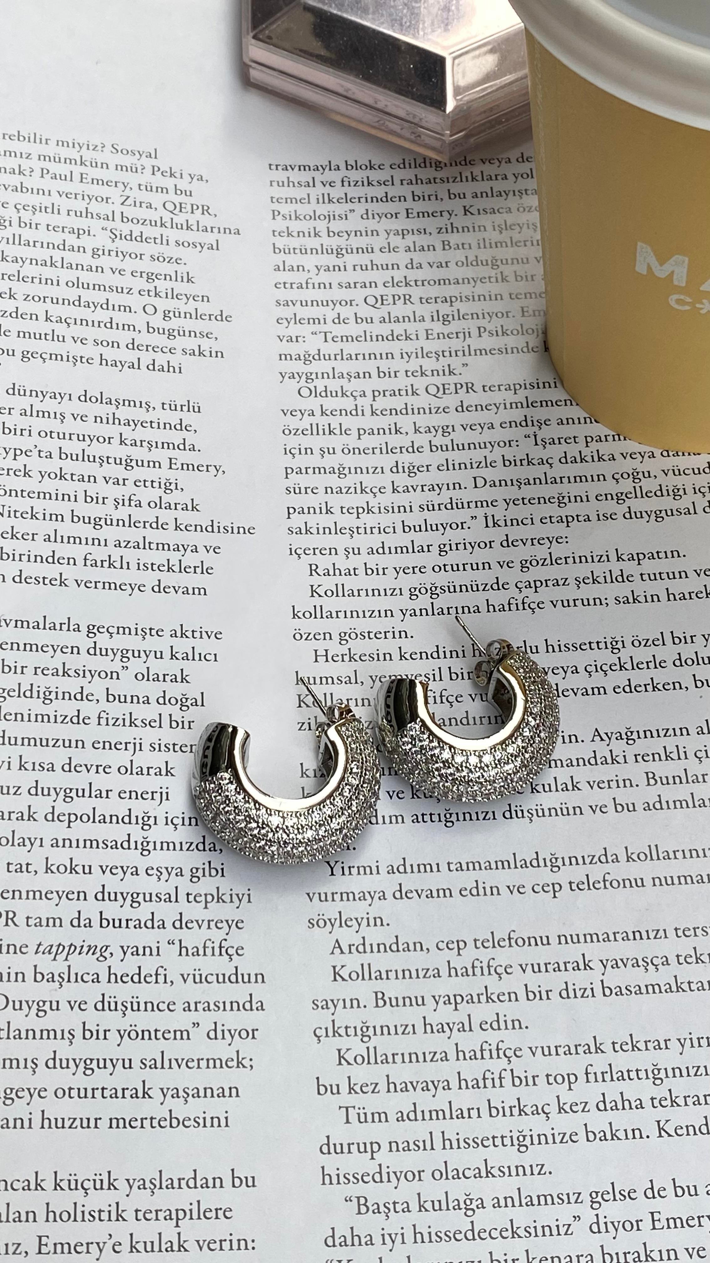 Silver Zirkon Taşlı Özel Seri Yarım Halka Küpe 