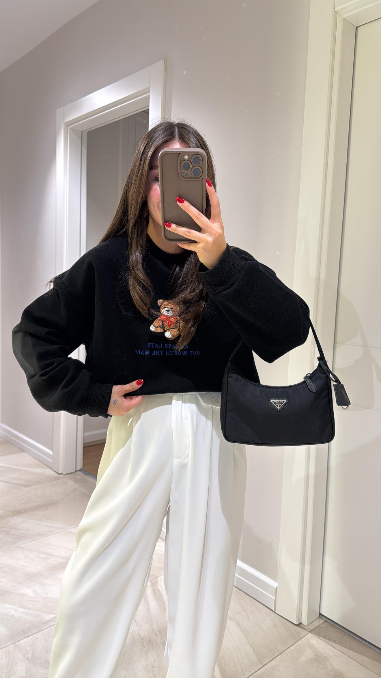 Siyah Ayıcık Baskılı Yazılı Sweat 