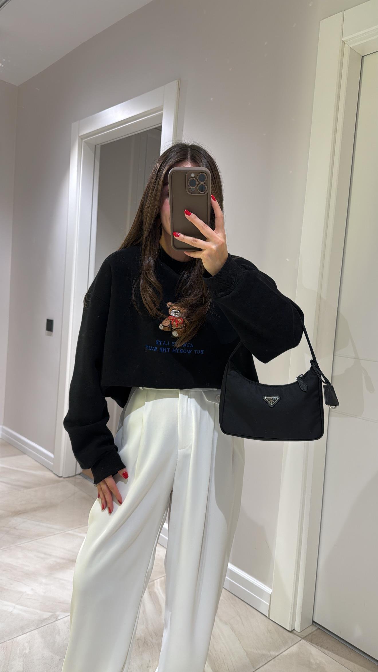 Siyah Ayıcık Baskılı Yazılı Sweat 