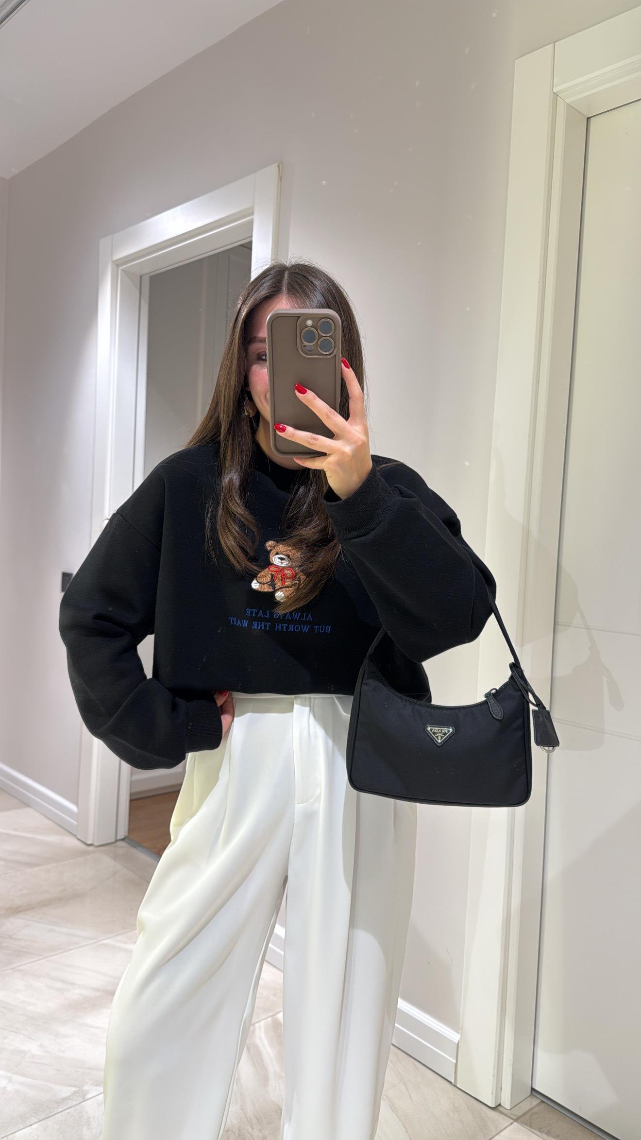 Siyah Ayıcık Baskılı Yazılı Sweat 