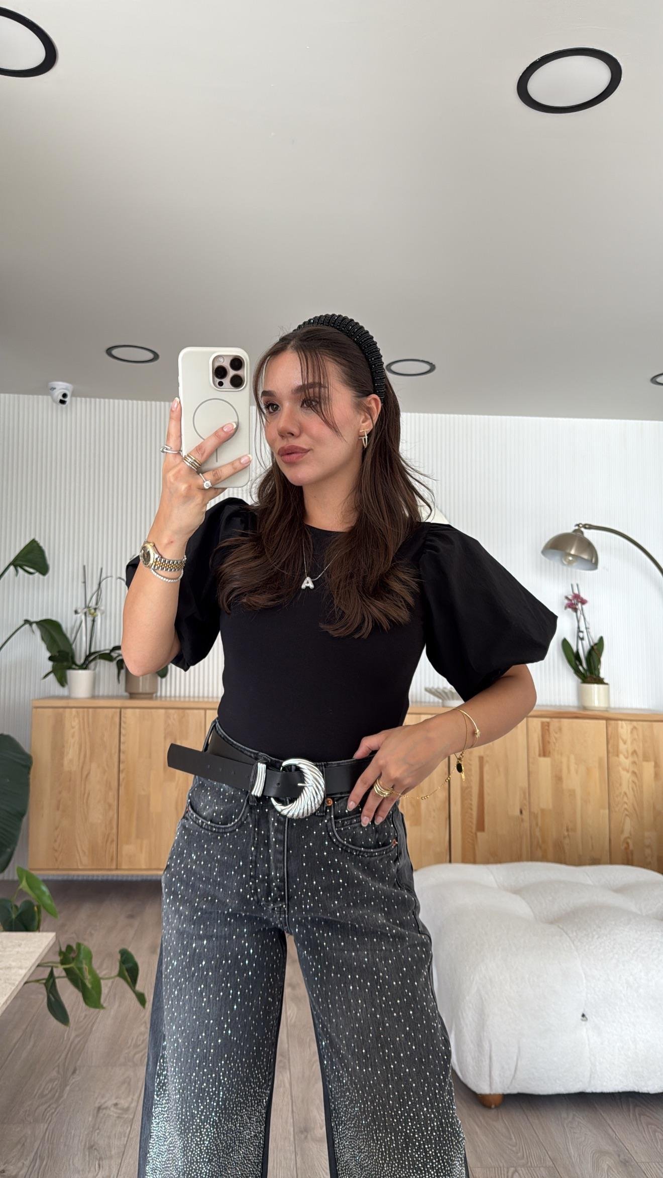 Siyah Balon Kol Bodysuit