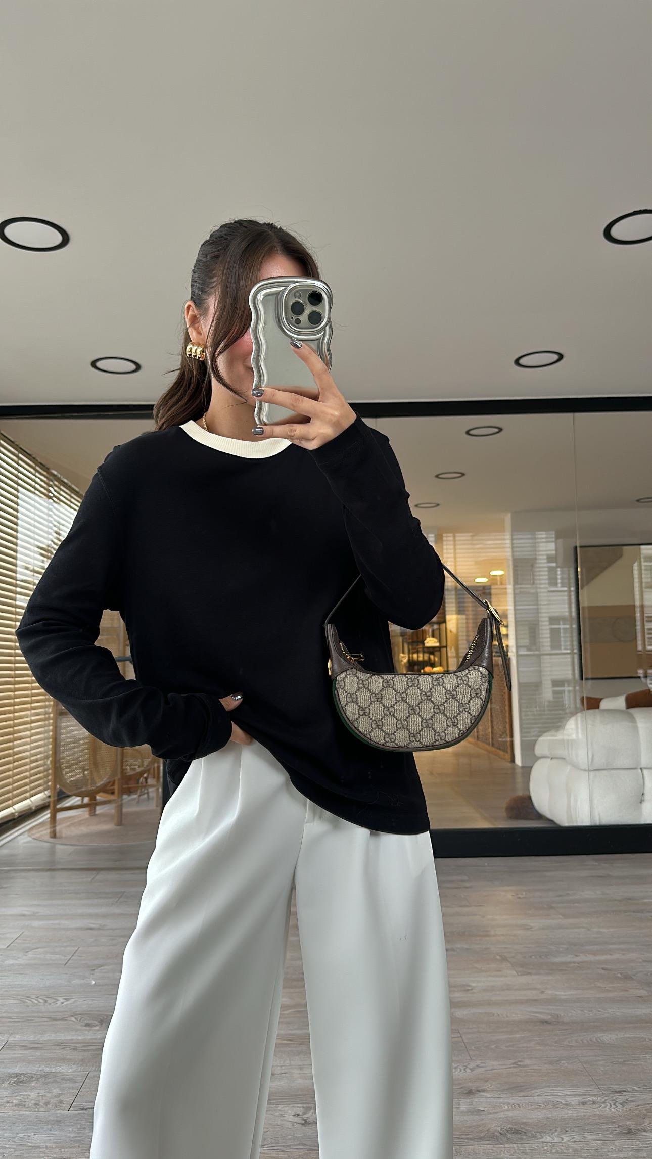 Siyah Bej Ribanalı Marka Model İnce Sweat 