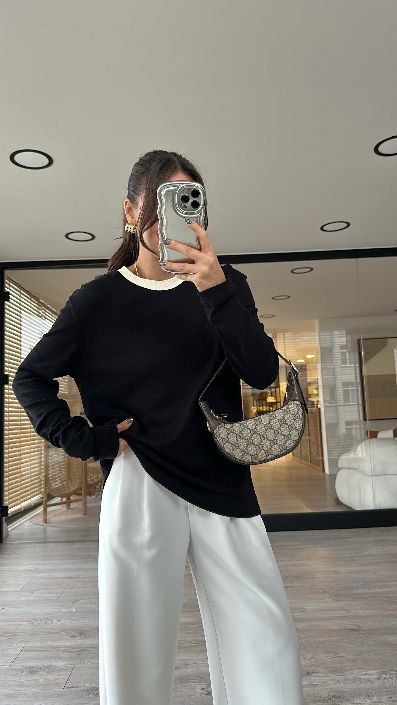 Siyah Bej Ribanalı Marka Model İnce Sweat 