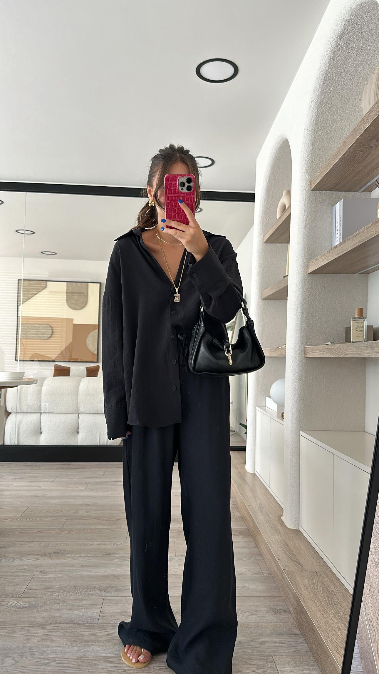 Siyah Bel Bağlamalı Cepli Tensel Kumaş Pantolon 