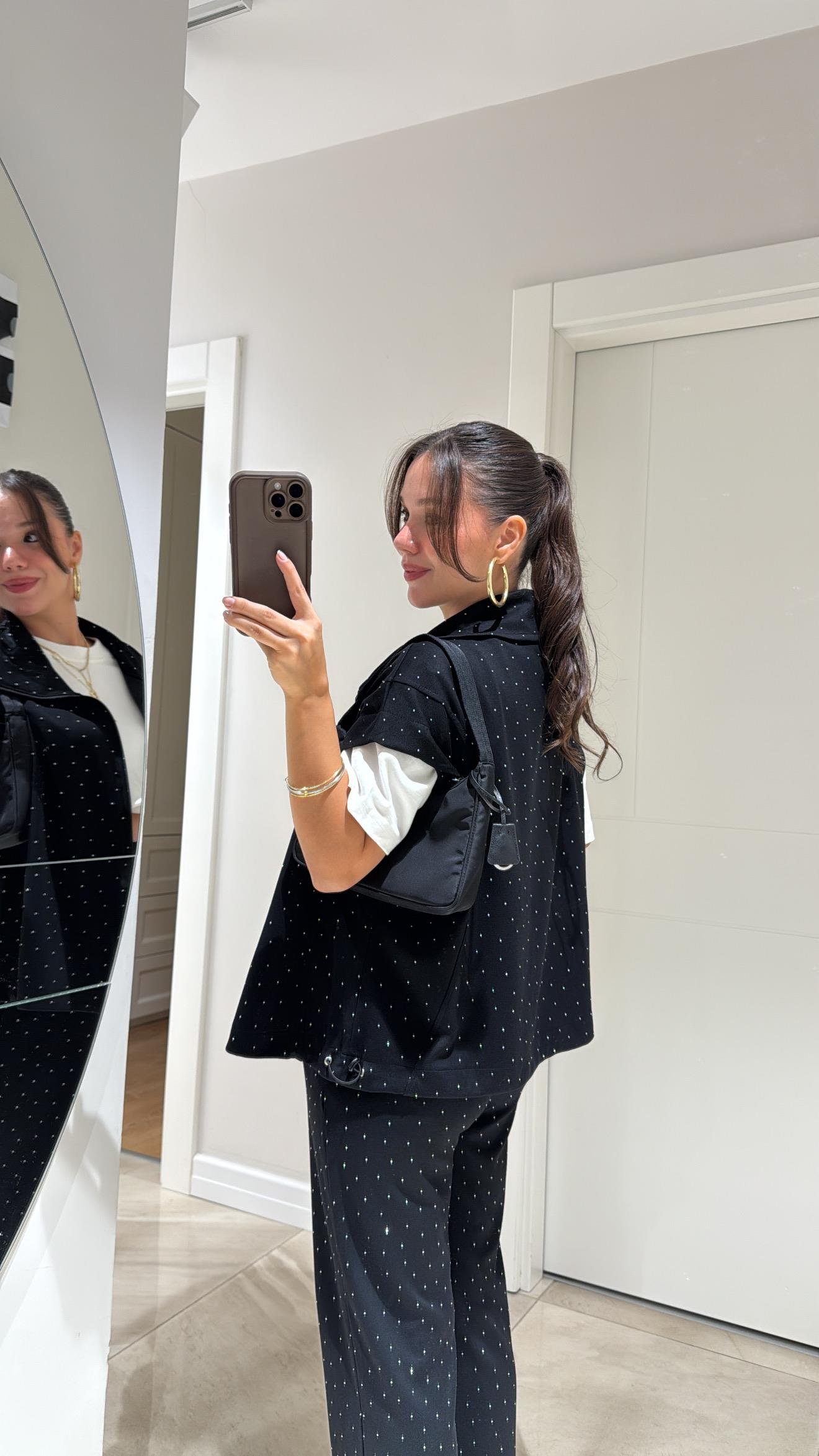 Siyah Bel Lastikli Taşlı Pantolon Takım