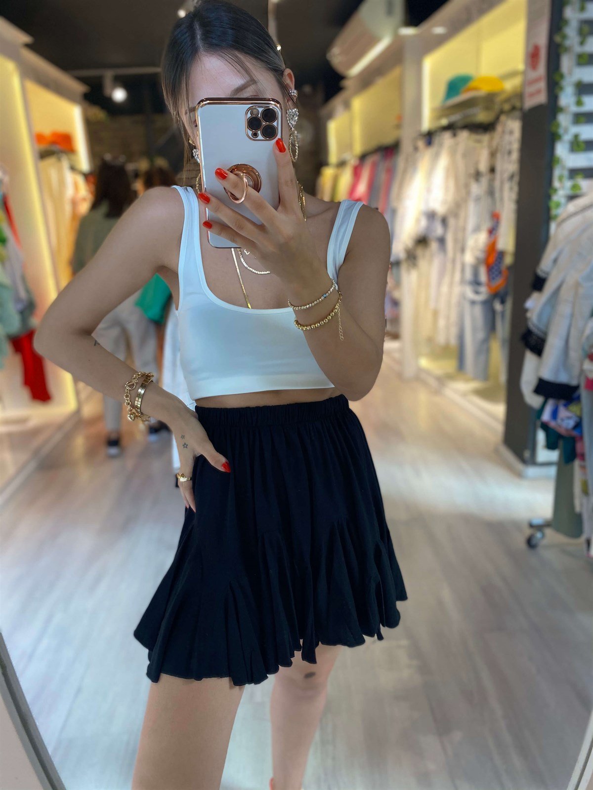 Siyah Beli Lastikli Fırfırlı Mini Etek