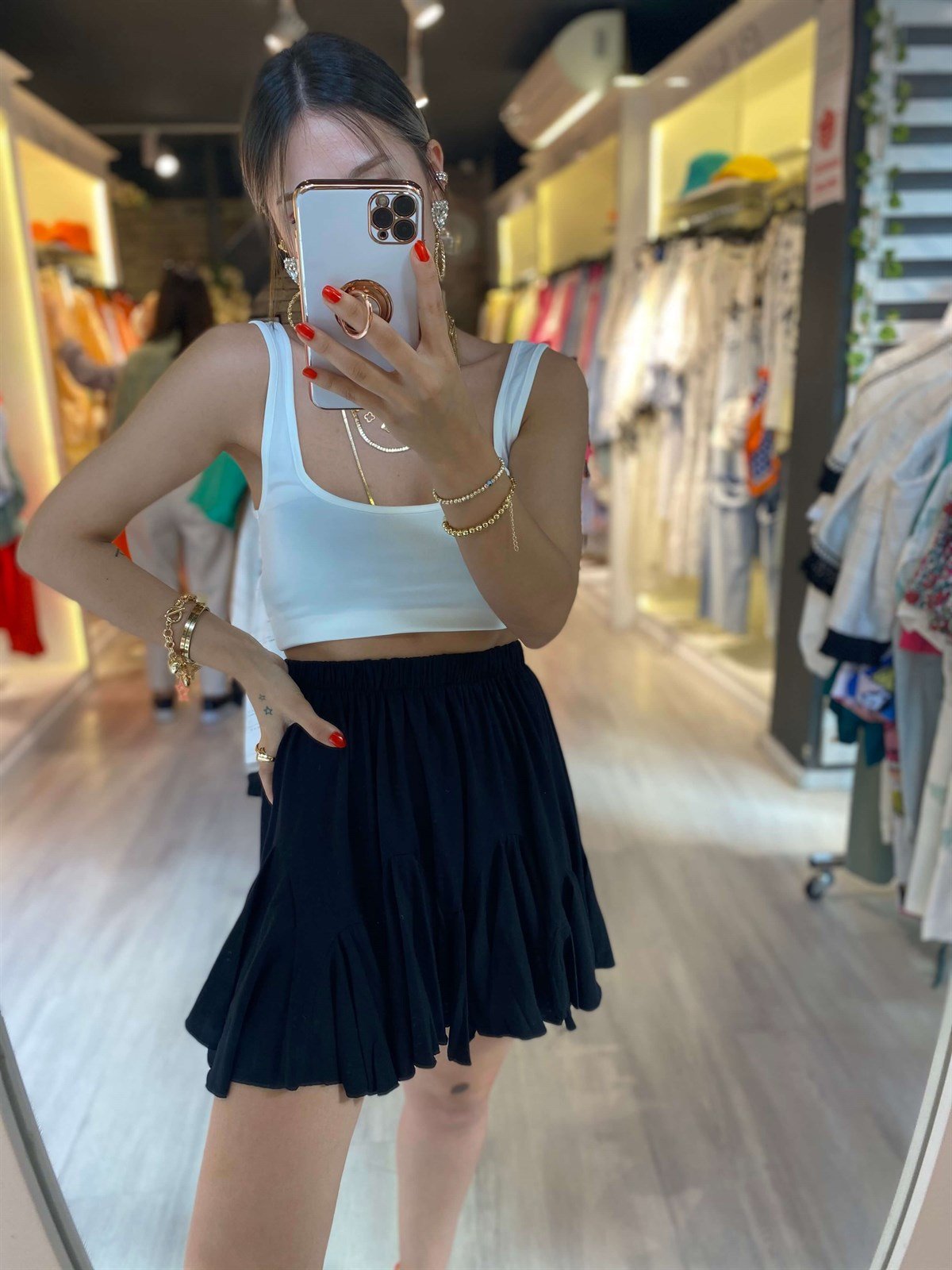 Siyah Beli Lastikli Fırfırlı Mini Etek