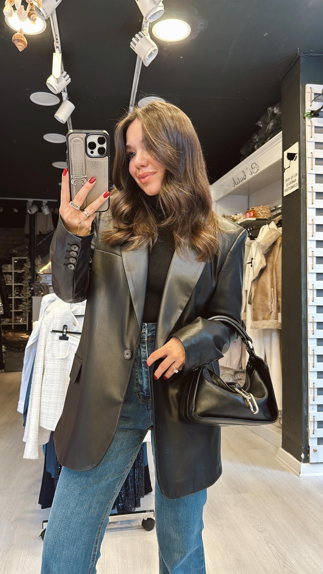 Siyah Blazer Deri Dilvin Ceket