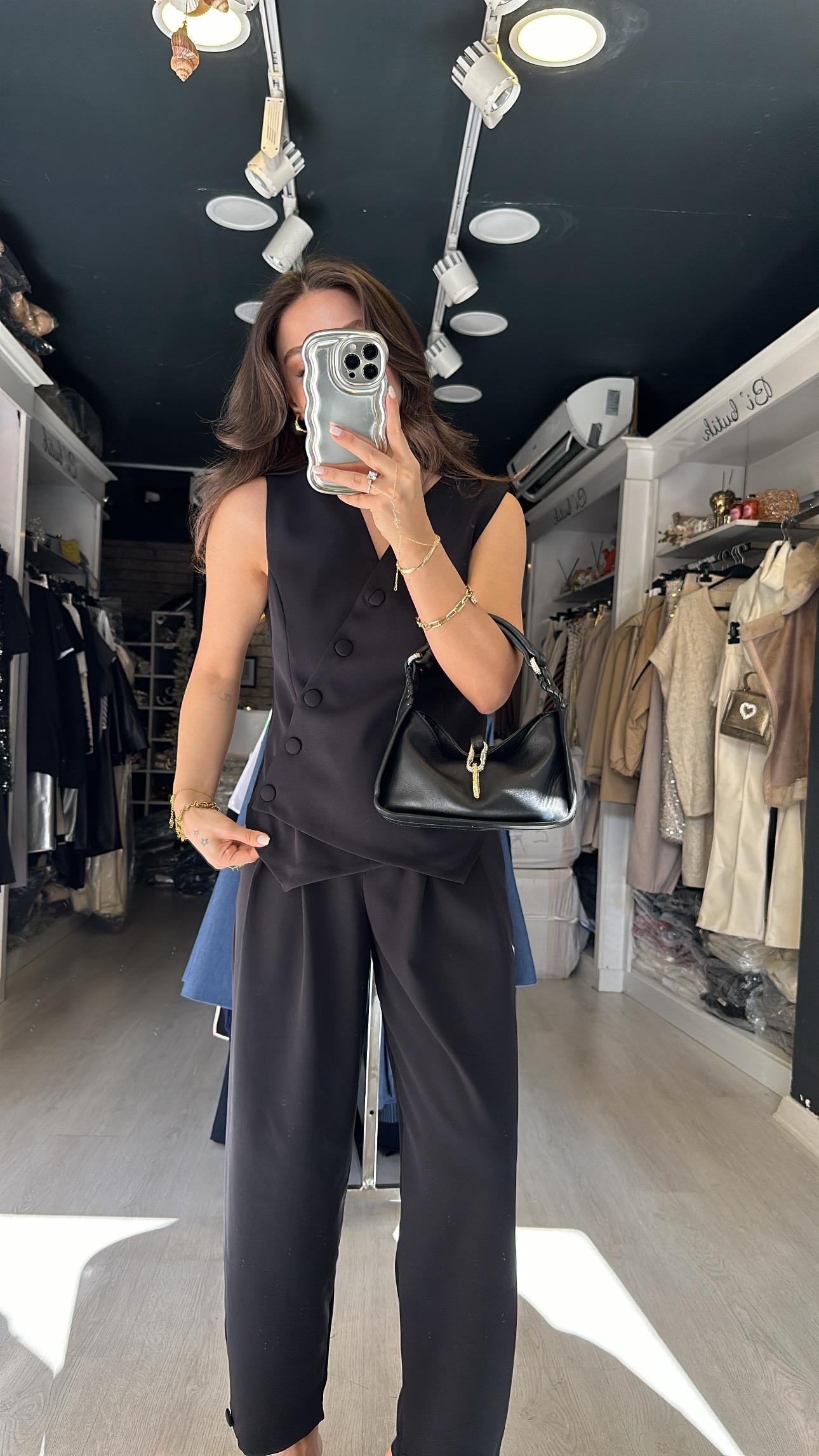 Siyah Çapraz Düğmeli  Şalvar Pantolon Takım