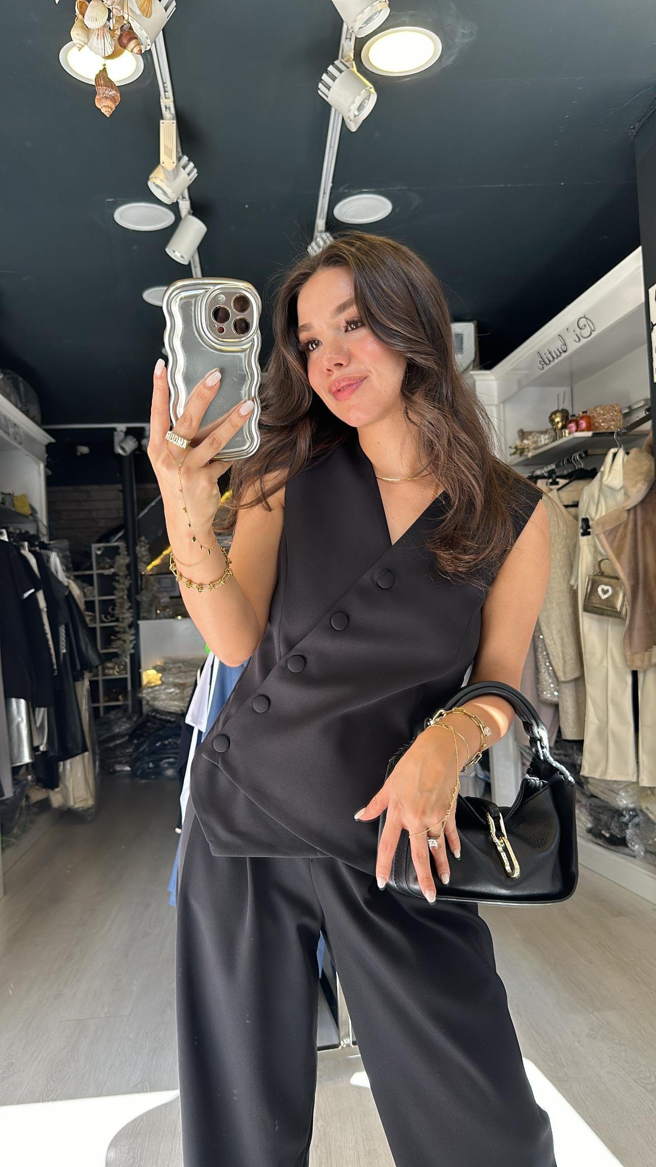 Siyah Çapraz Düğmeli  Şalvar Pantolon Takım