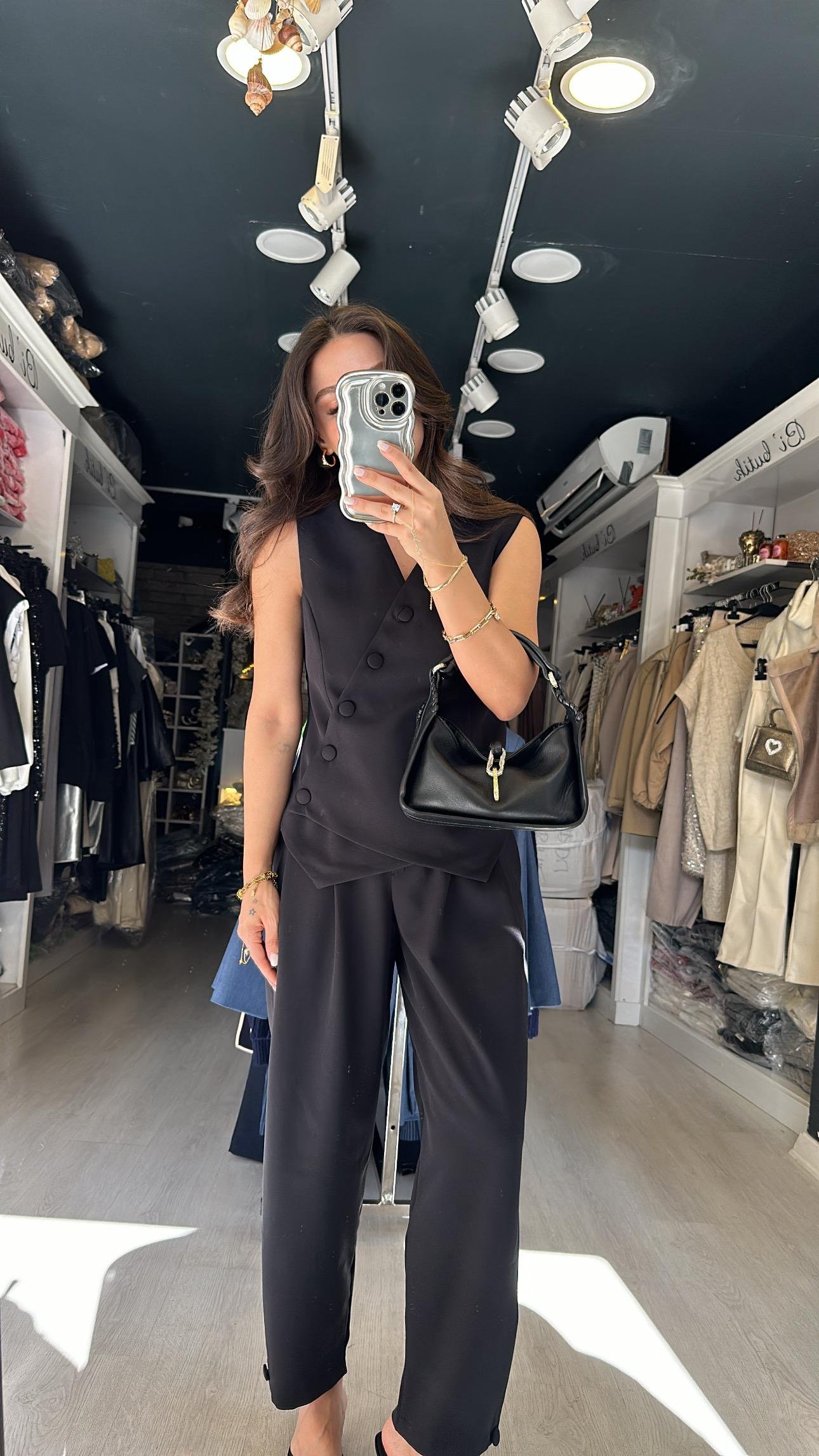 Siyah Çapraz Düğmeli  Şalvar Pantolon Takım