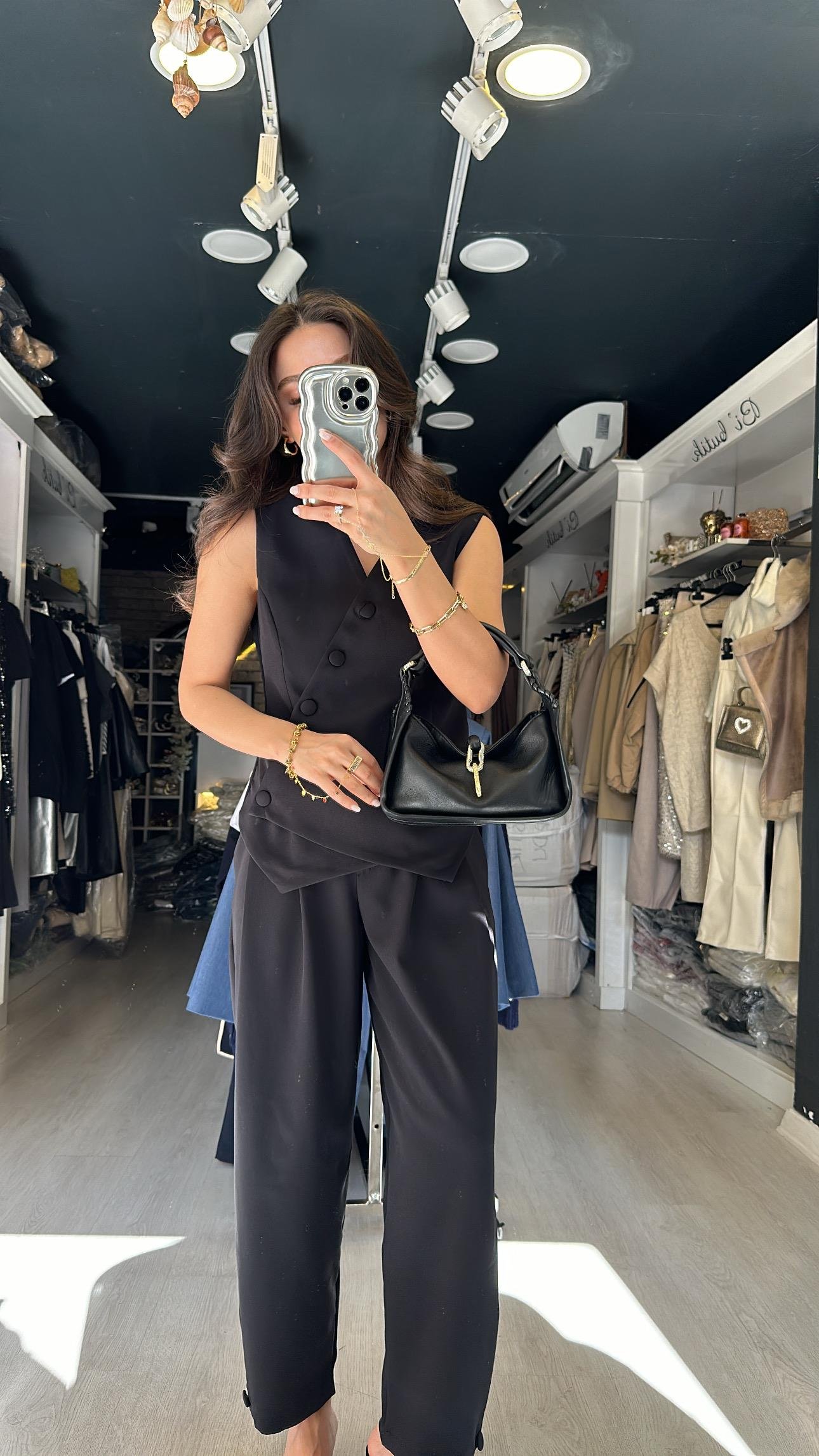 Siyah Çapraz Düğmeli  Şalvar Pantolon Takım