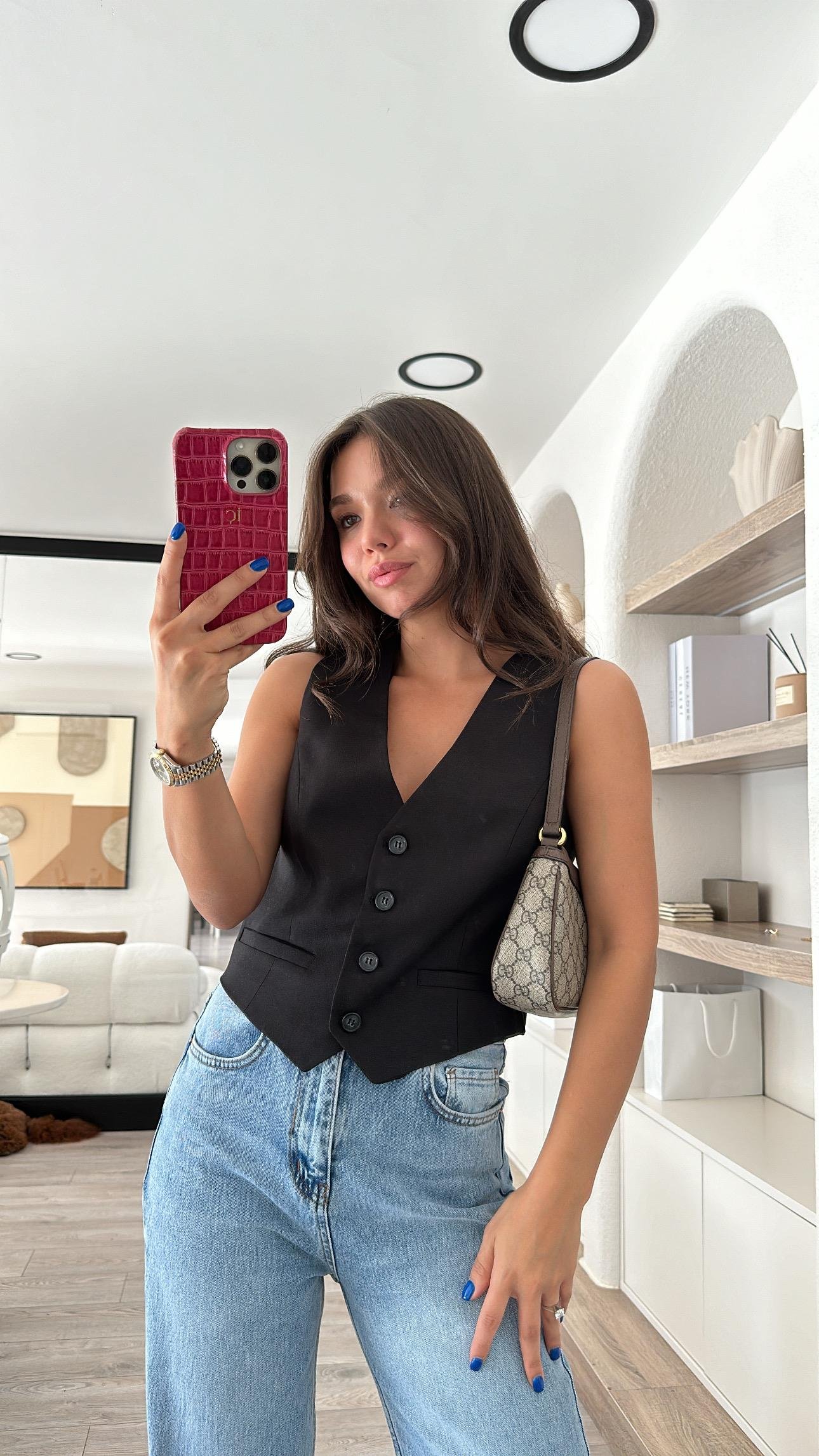 Siyah Cep Detaylı Marka Model Keten Yelek 