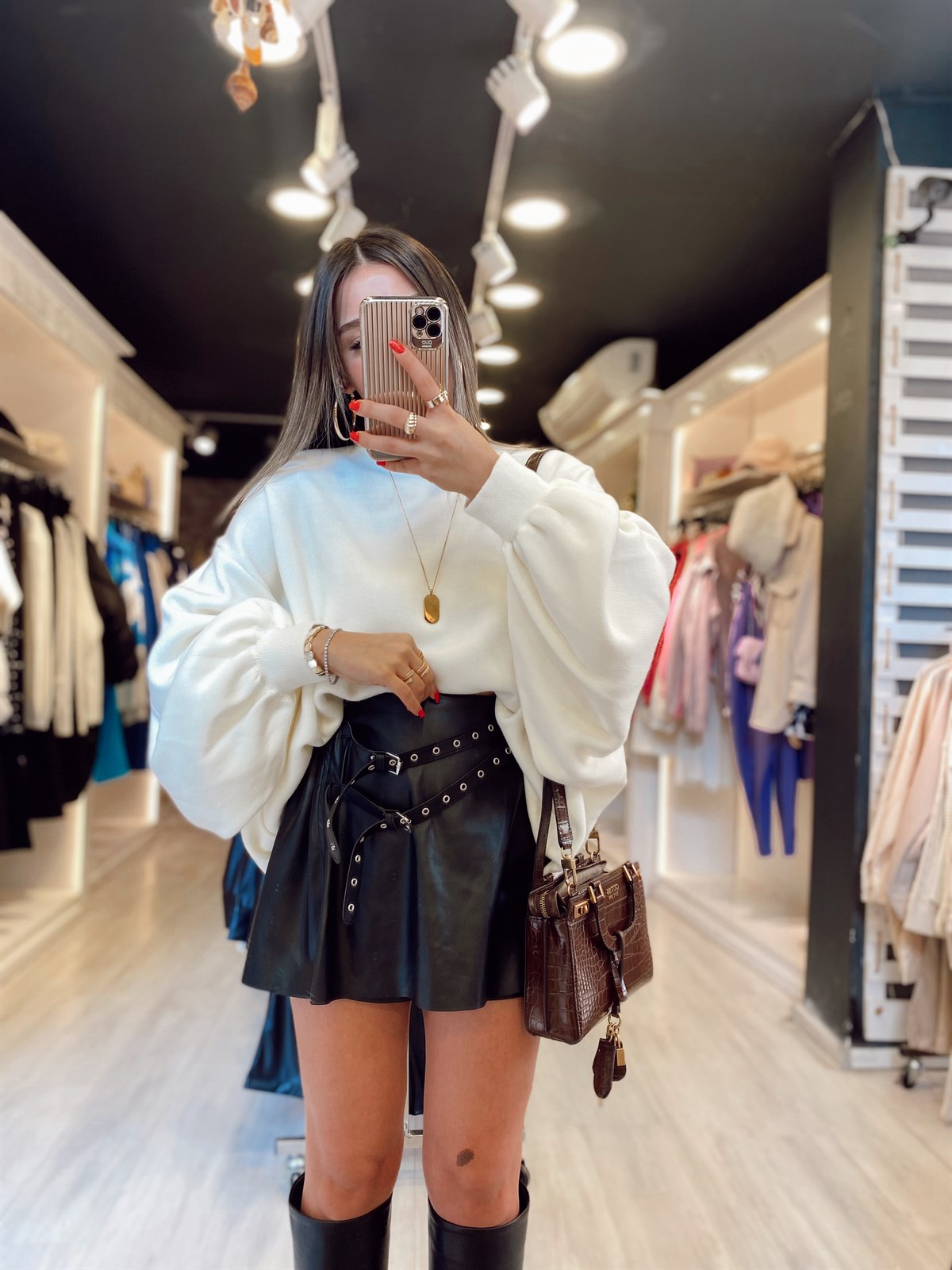 Siyah Çift Kemerli Şort Deri Etek 