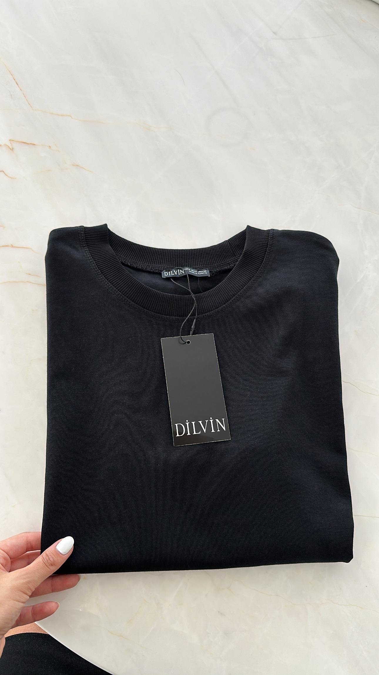 Siyah Dekoratif Dikişli Bisiklet Yaka Dilvin Tshirt