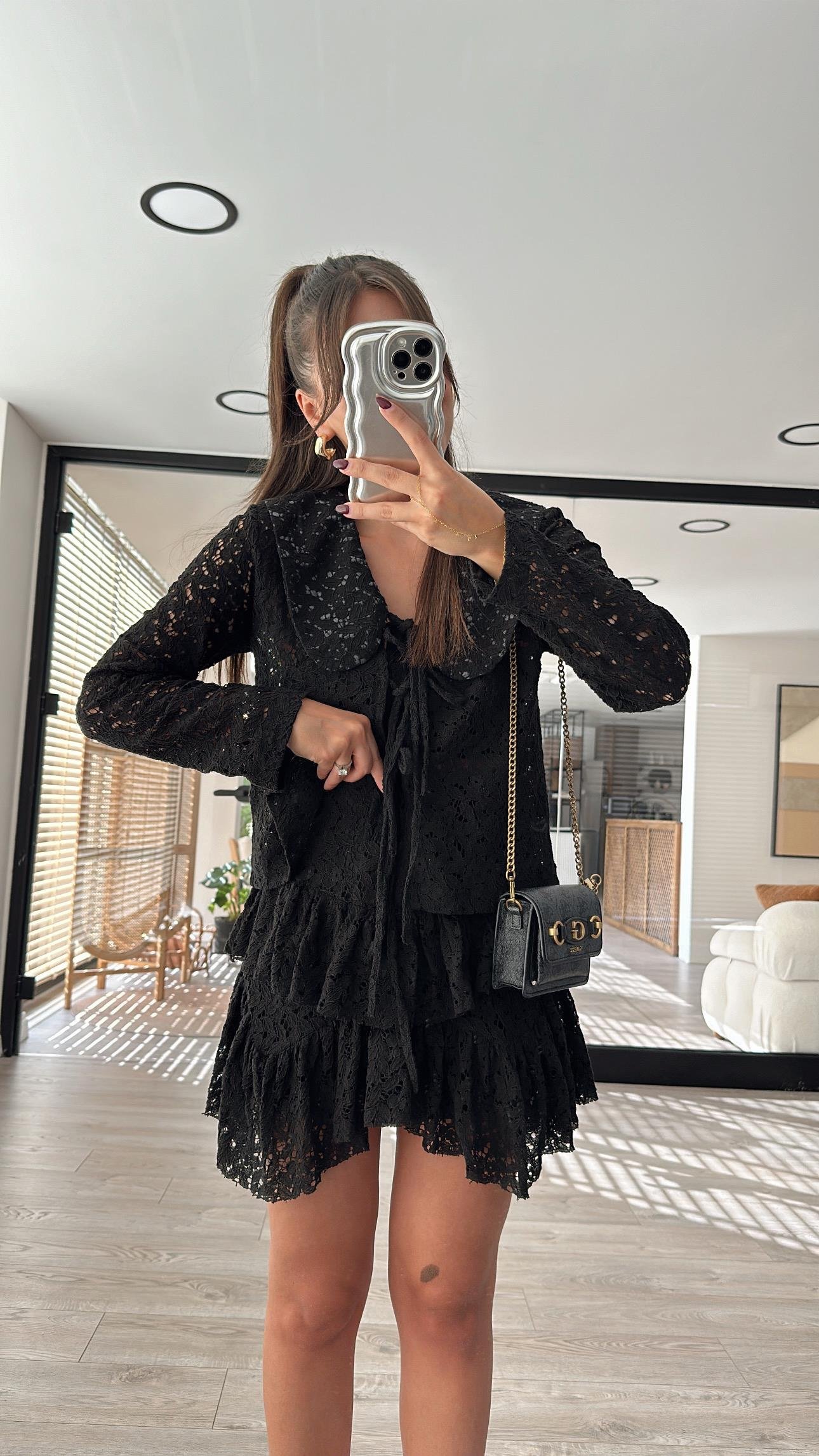 Siyah Fırfırlı Dantalli Etek