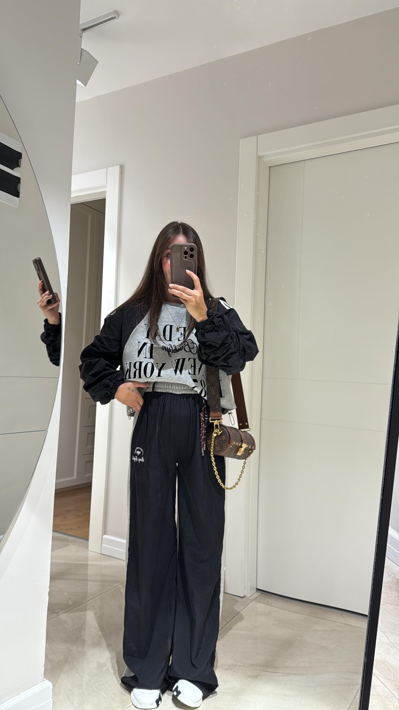 Siyah Gri Garnili Paraşüt Pantolon