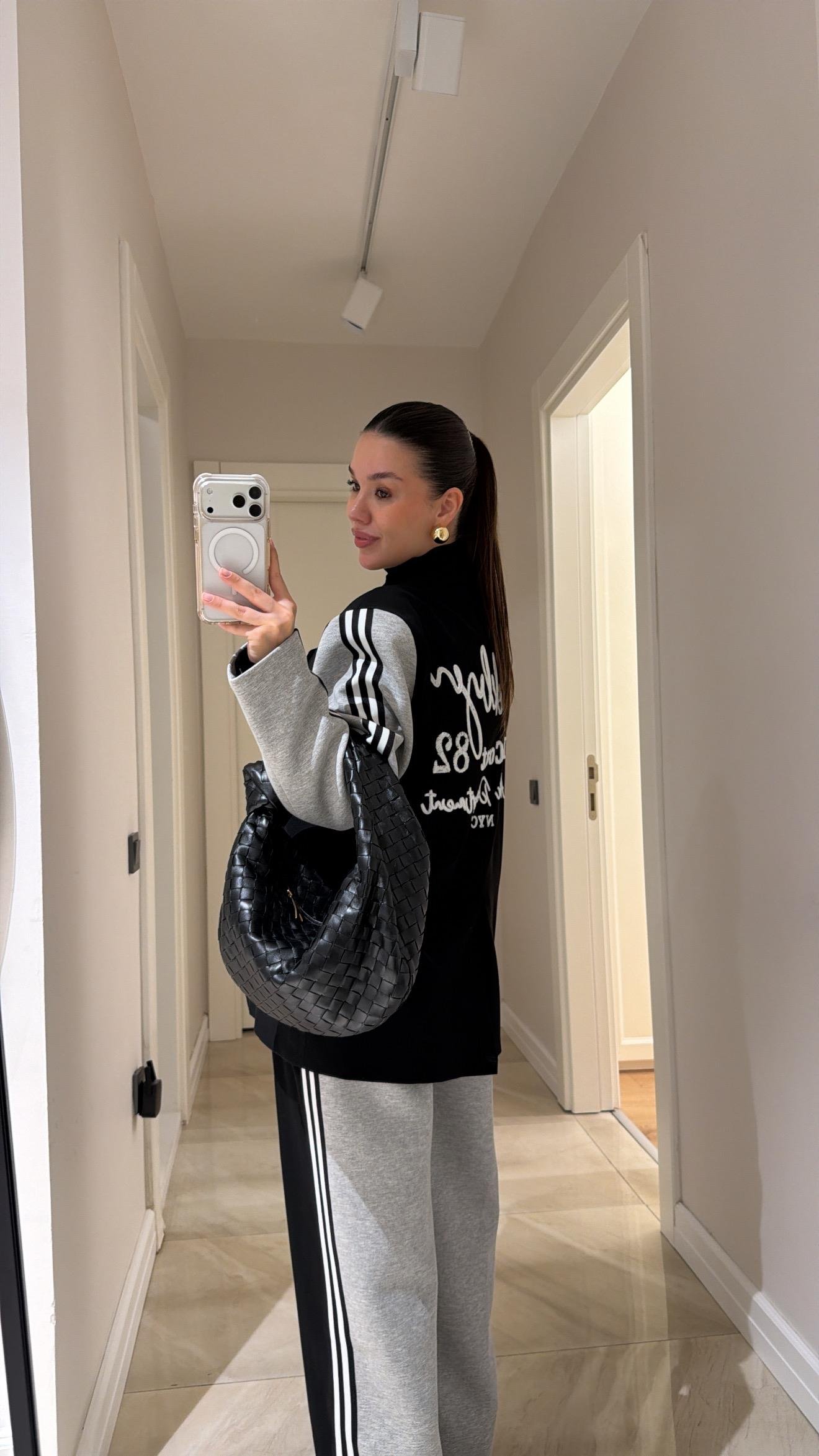 Siyah Gri Şerit Detaylı Garnili Pantolon