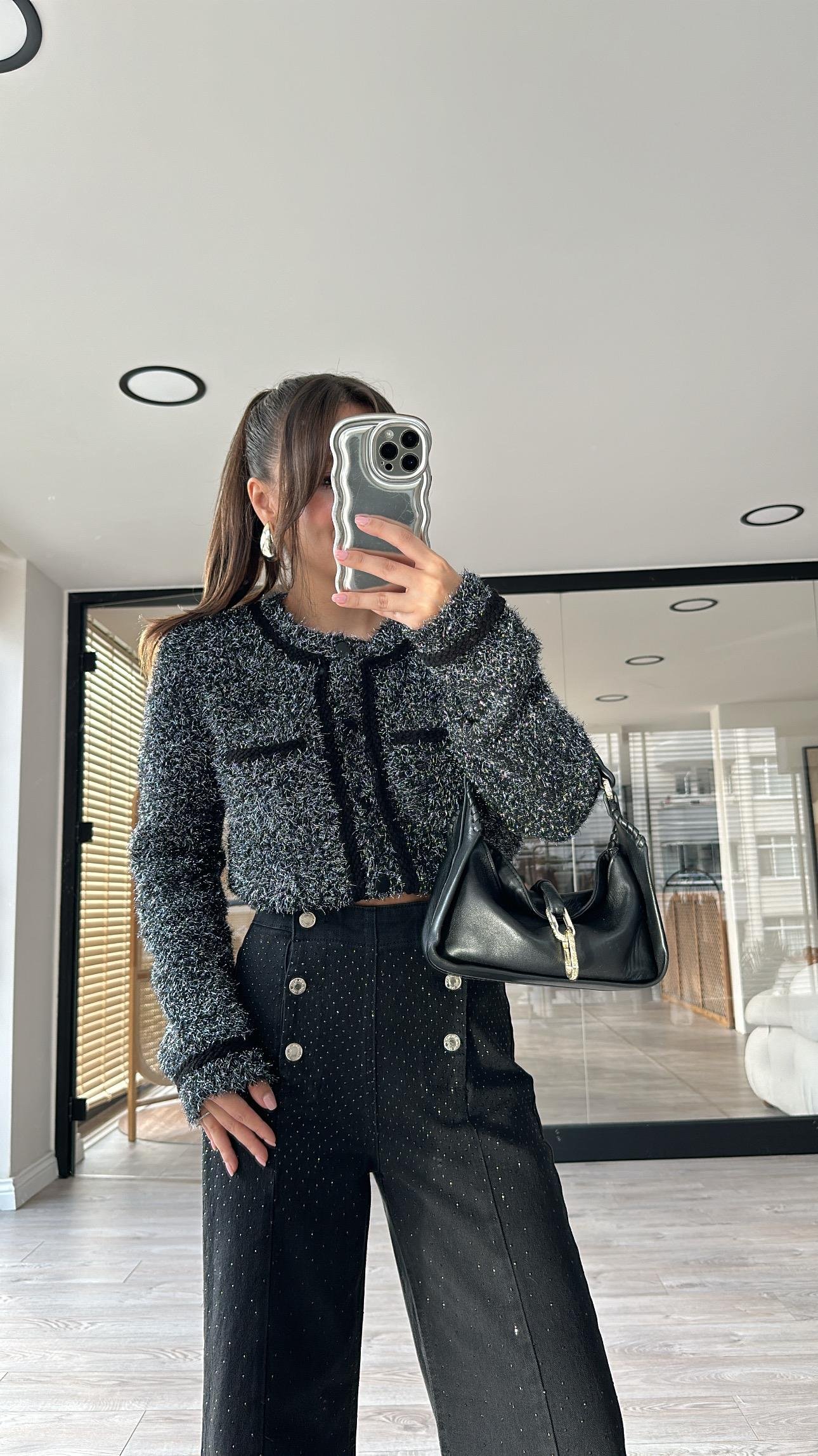 Siyah Gümüş Simli Örgü Detaylı Dilvin Hırka 