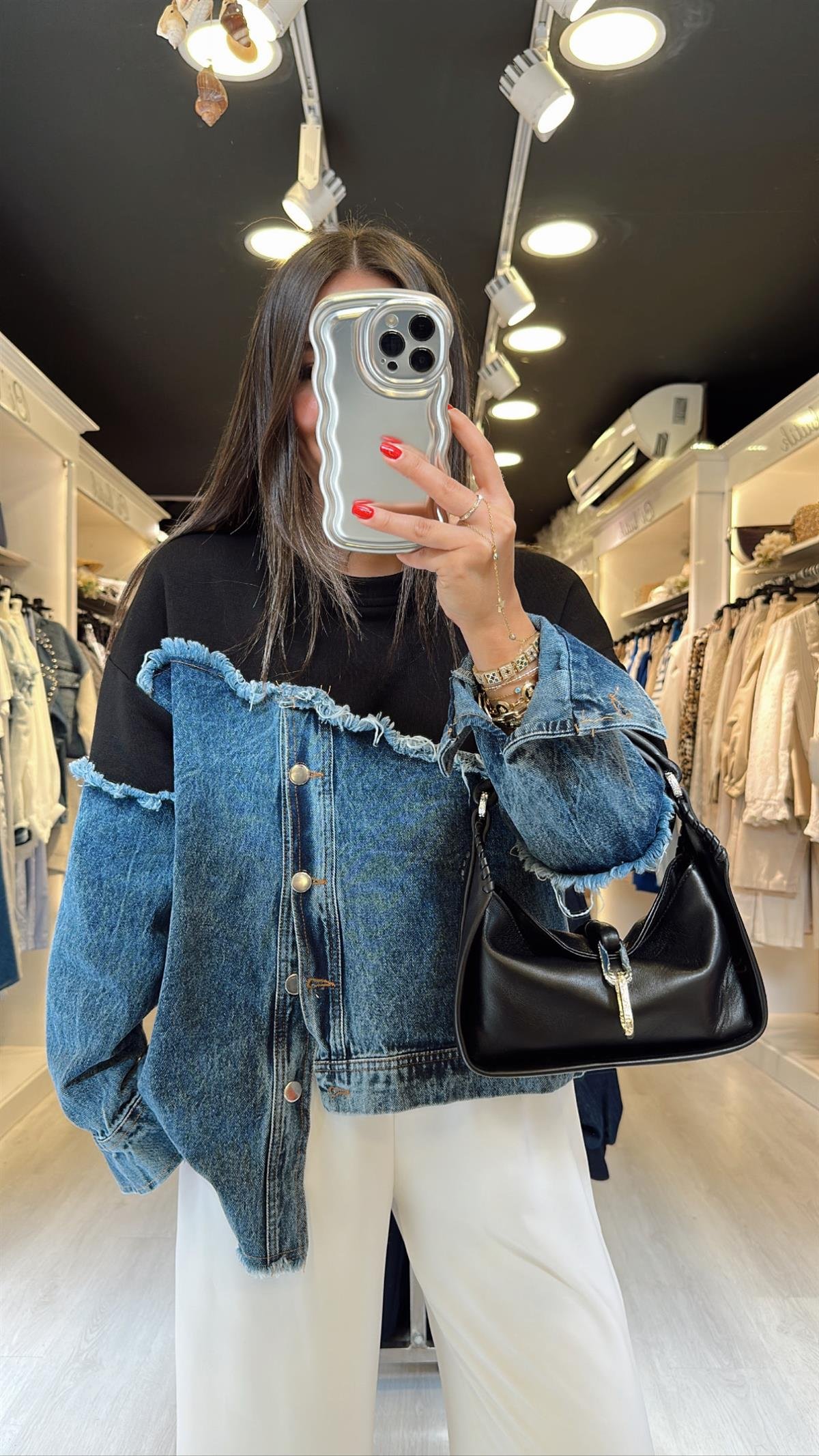 Siyah Jean Detaylı Düğmeli Sweat