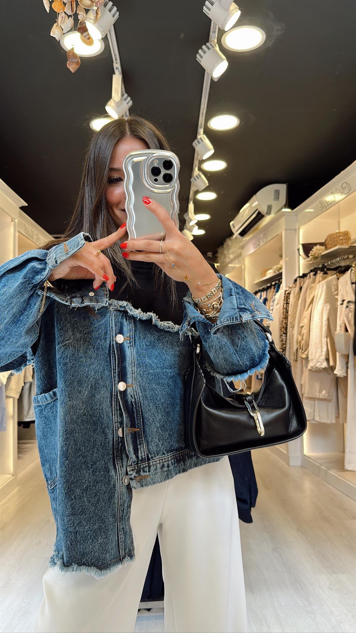 Siyah Jean Detaylı Düğmeli Sweat