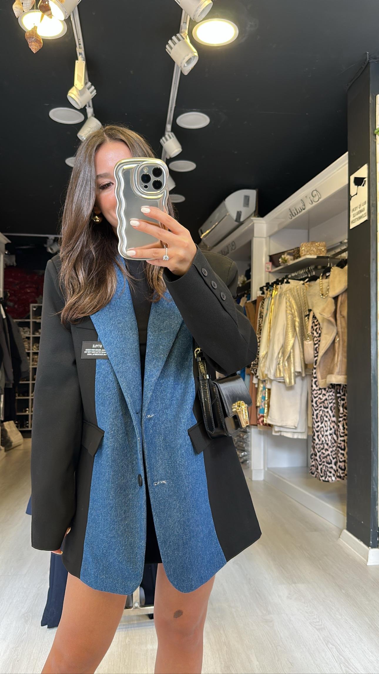 Siyah Jean Detaylı Vatkalı Blazer Ceket