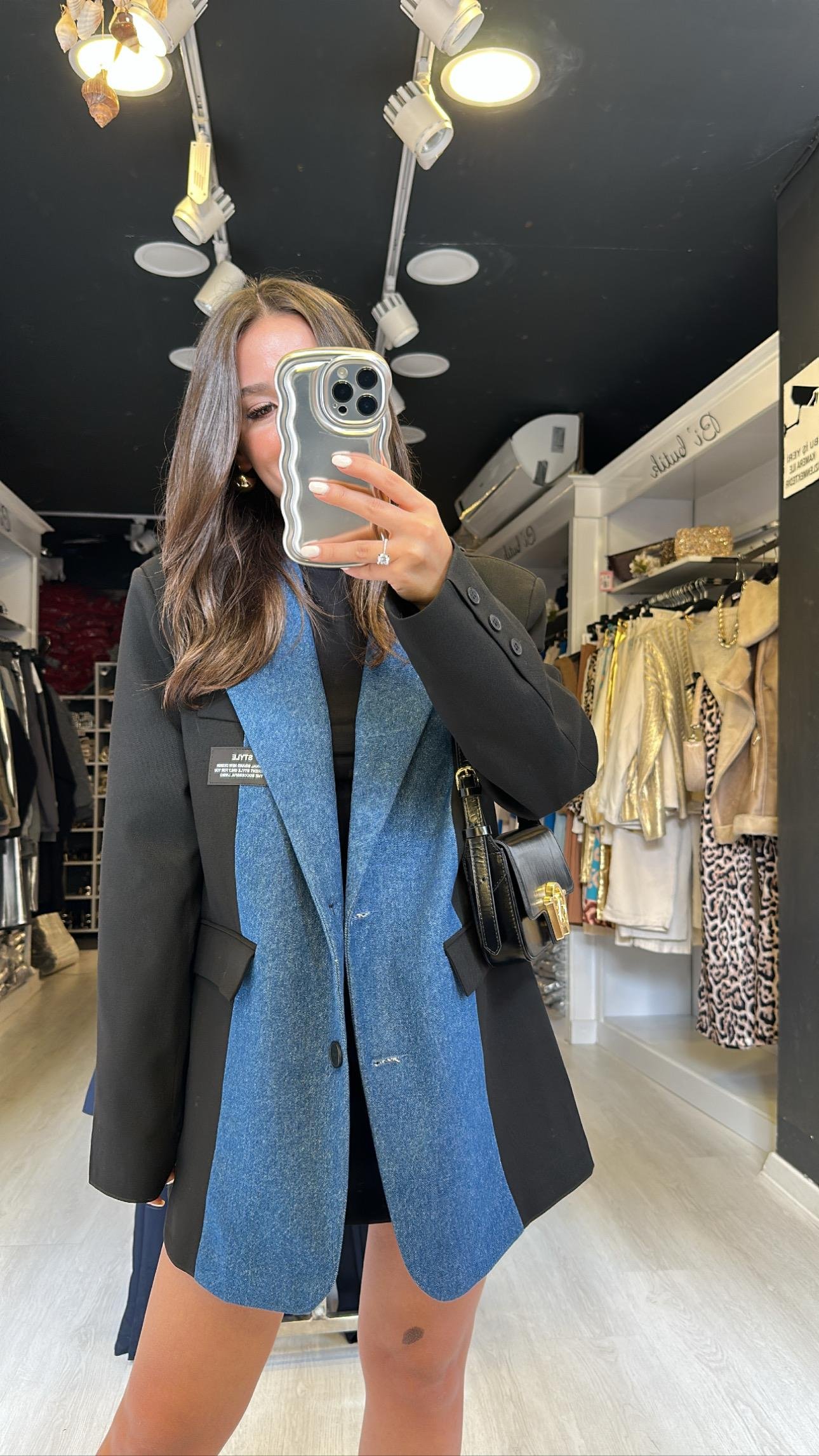 Siyah Jean Detaylı Vatkalı Blazer Ceket