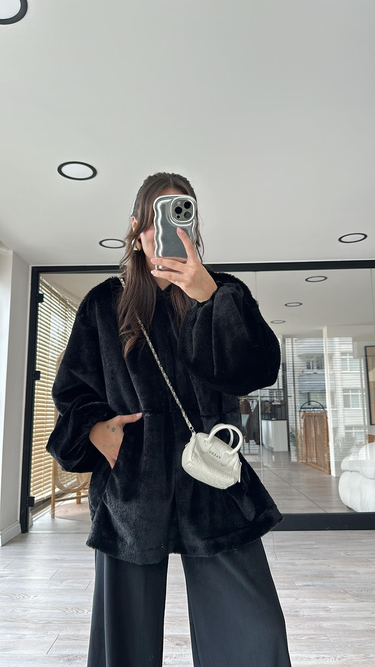 Siyah Kapüşonlu Marka Model Peluş Sweat 