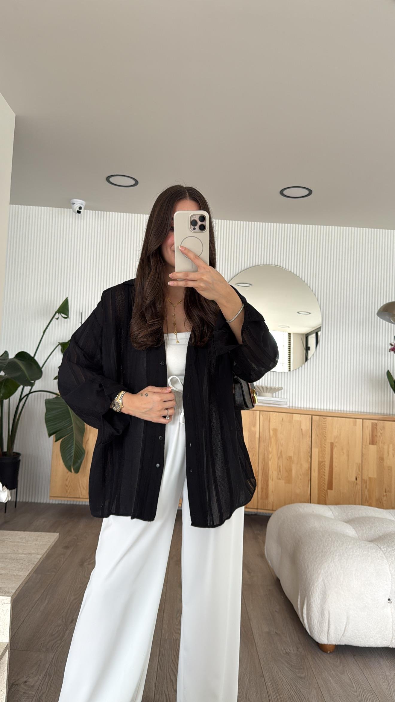 Siyah Kendinden Desenli Transparan Gömlek