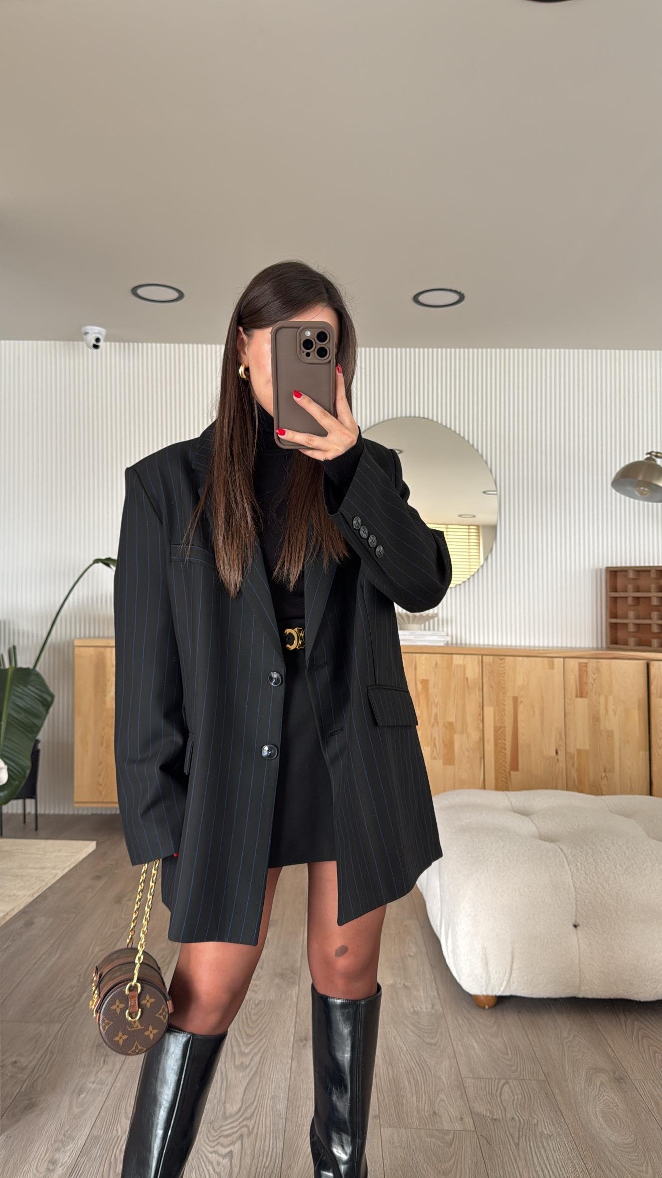 Siyah Mavi Dik Çizgili Oversize Blazer Ceket 