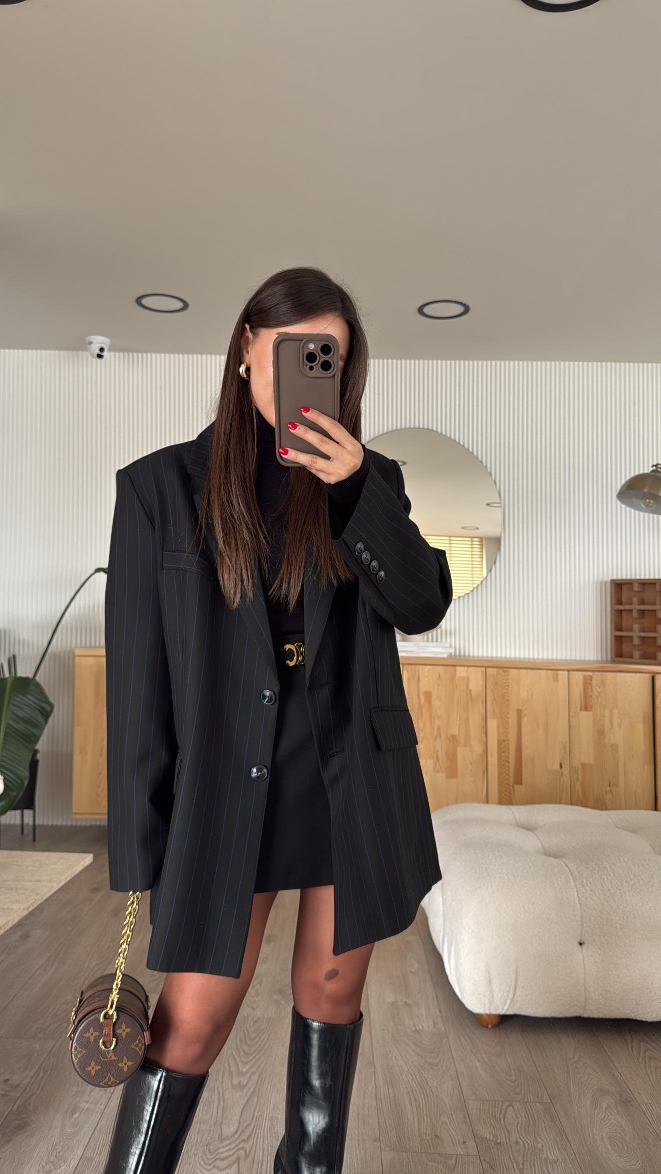Siyah Mavi Dik Çizgili Oversize Blazer Ceket 
