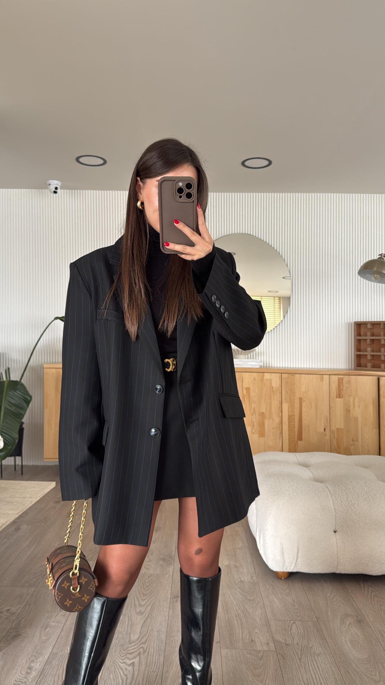 Siyah Mavi Dik Çizgili Oversize Blazer Ceket 