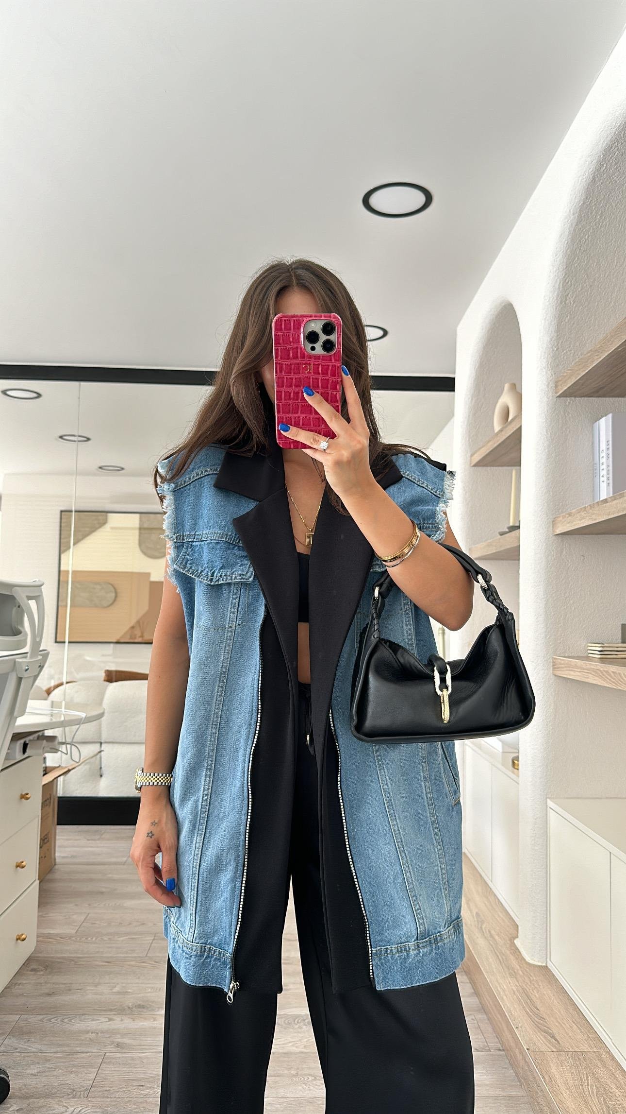 Siyah Mavi Jean Detaylı Arka Yırtmaçlı Fermuarlı Yelek 