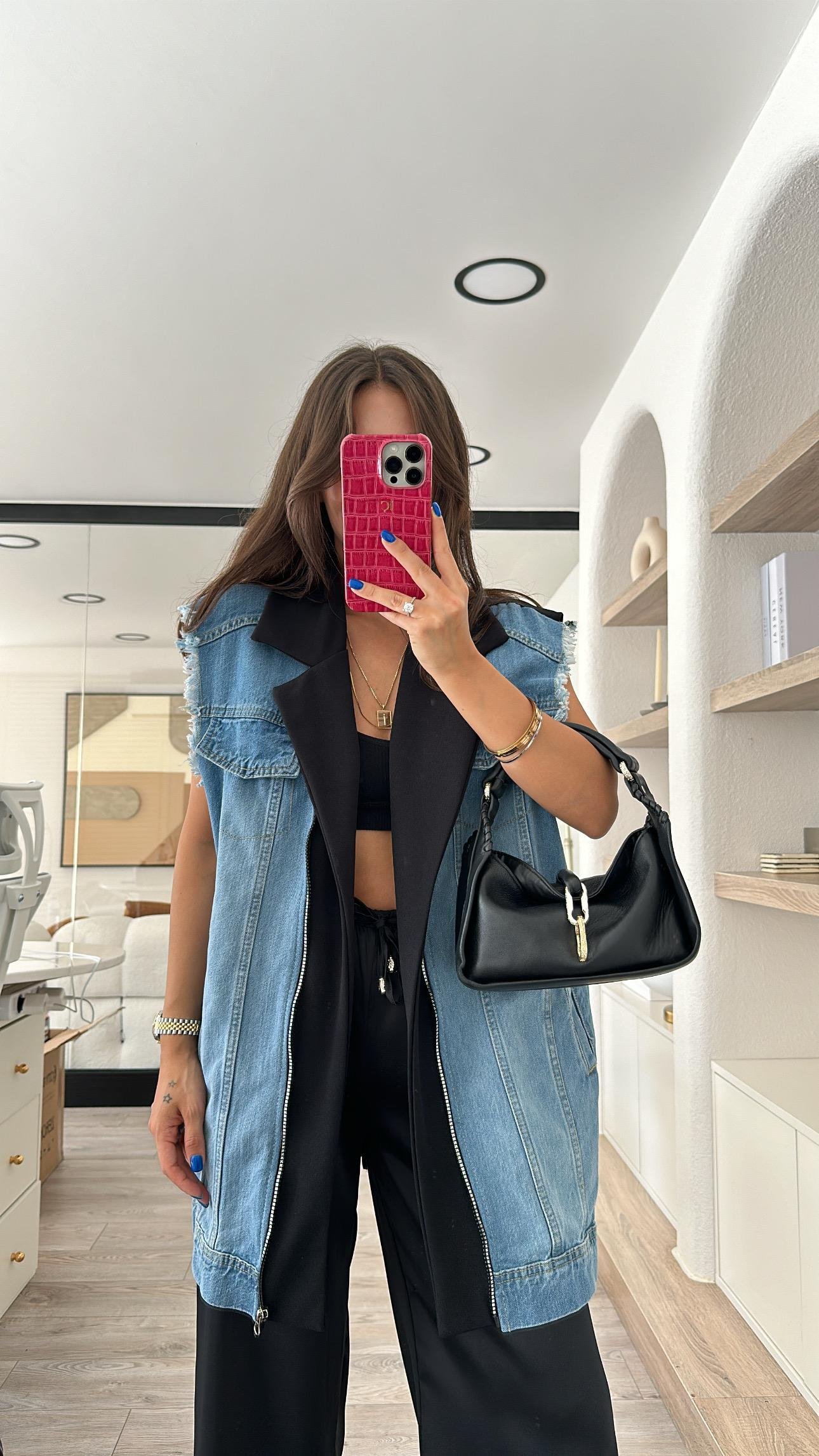 Siyah Mavi Jean Detaylı Arka Yırtmaçlı Fermuarlı Yelek 