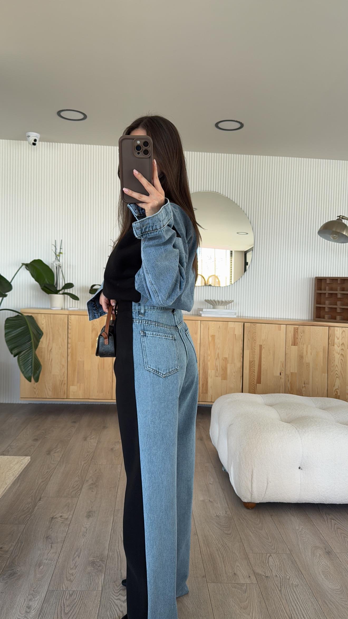 Siyah Ön Fermuarlı Garnili Denim Takım 