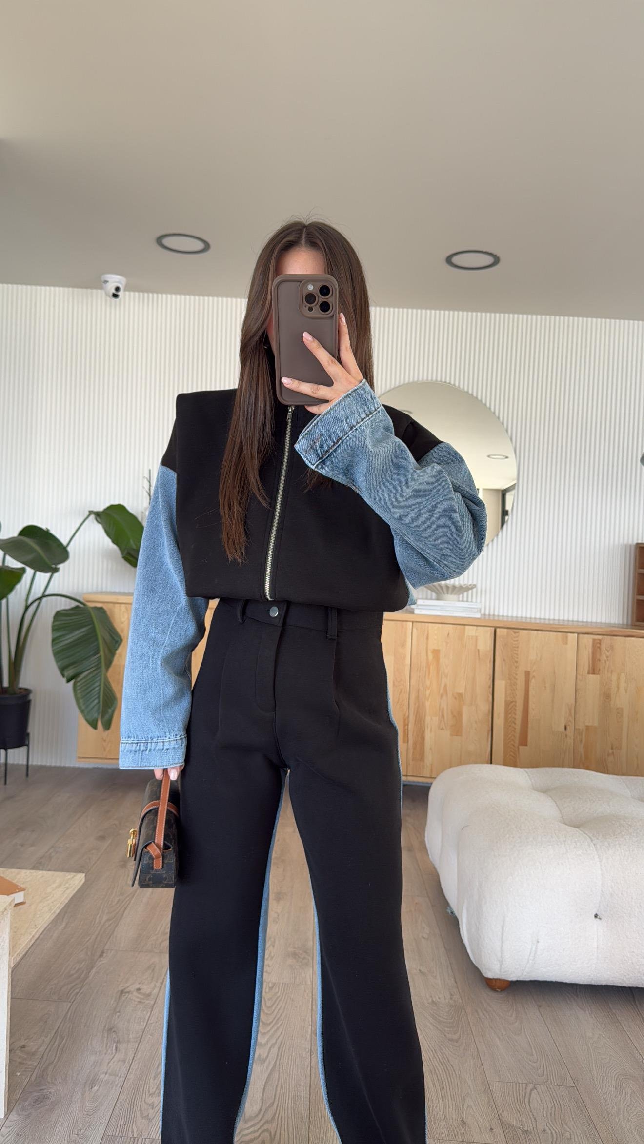 Siyah Ön Fermuarlı Garnili Denim Takım 