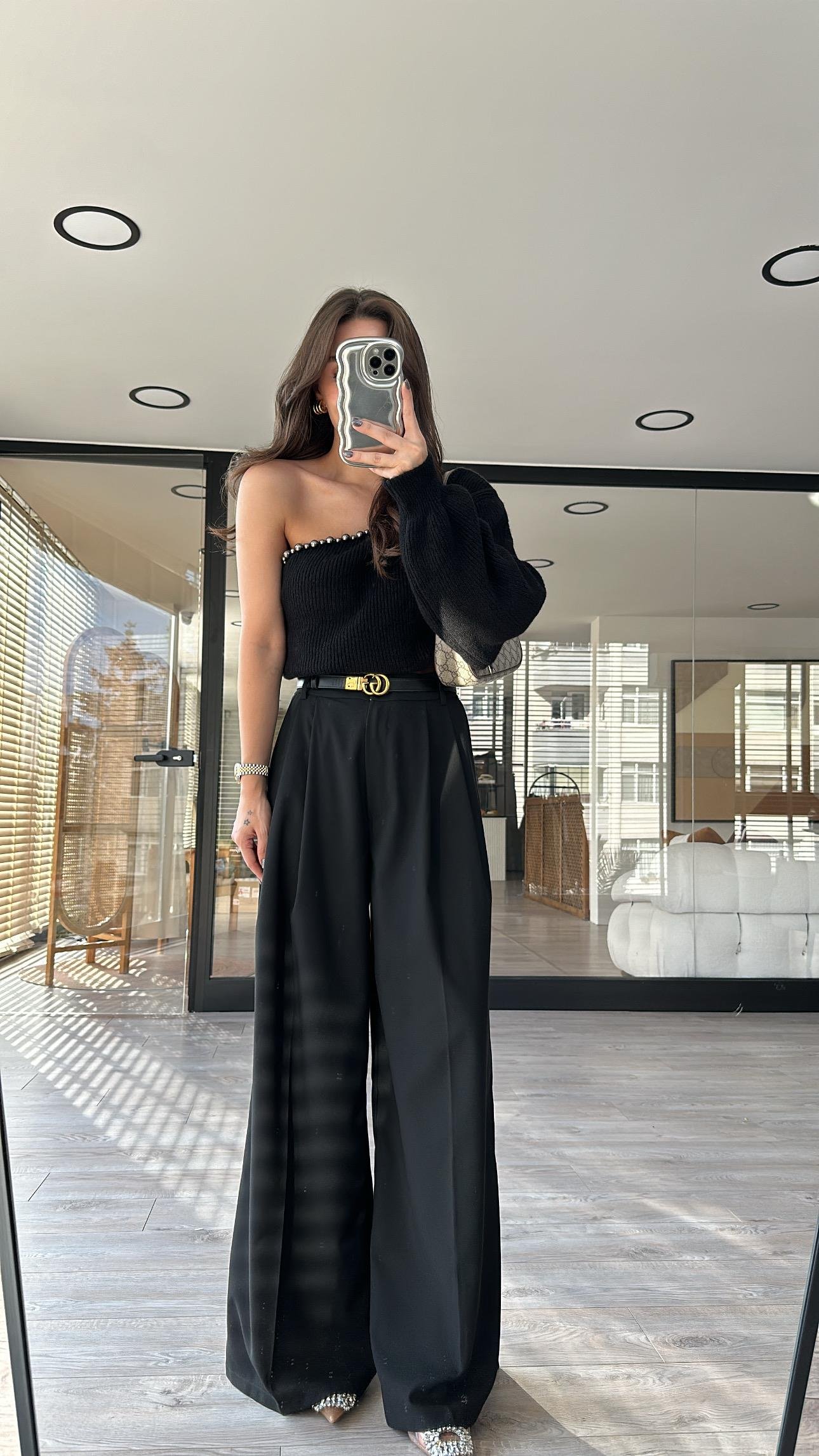 Siyah Renk Çift Pileli Bol Paça Palazzo Pantolon 