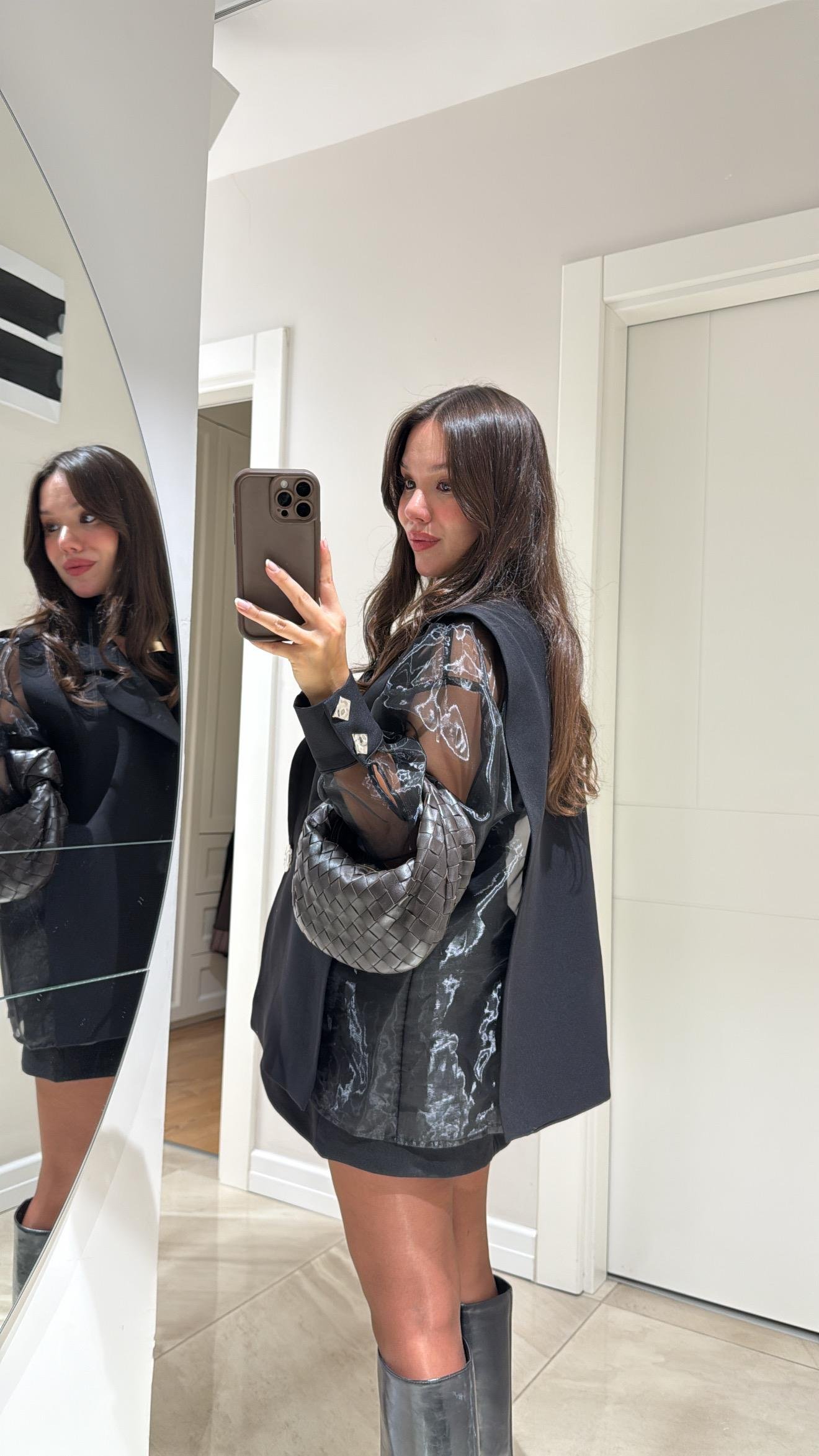 Siyah Silver Düğmeli Tül Detaylı Ceket