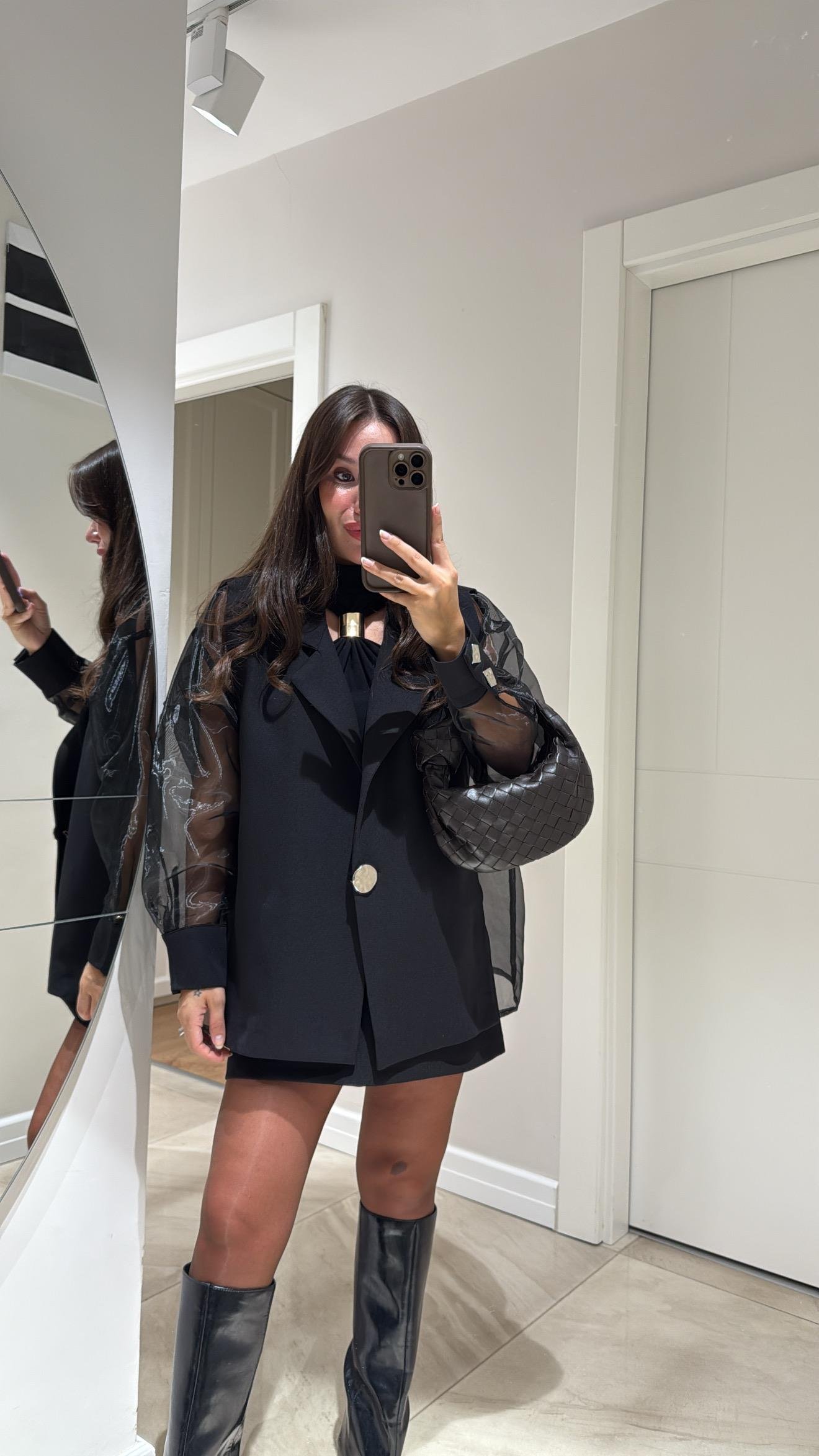 Siyah Silver Düğmeli Tül Detaylı Ceket