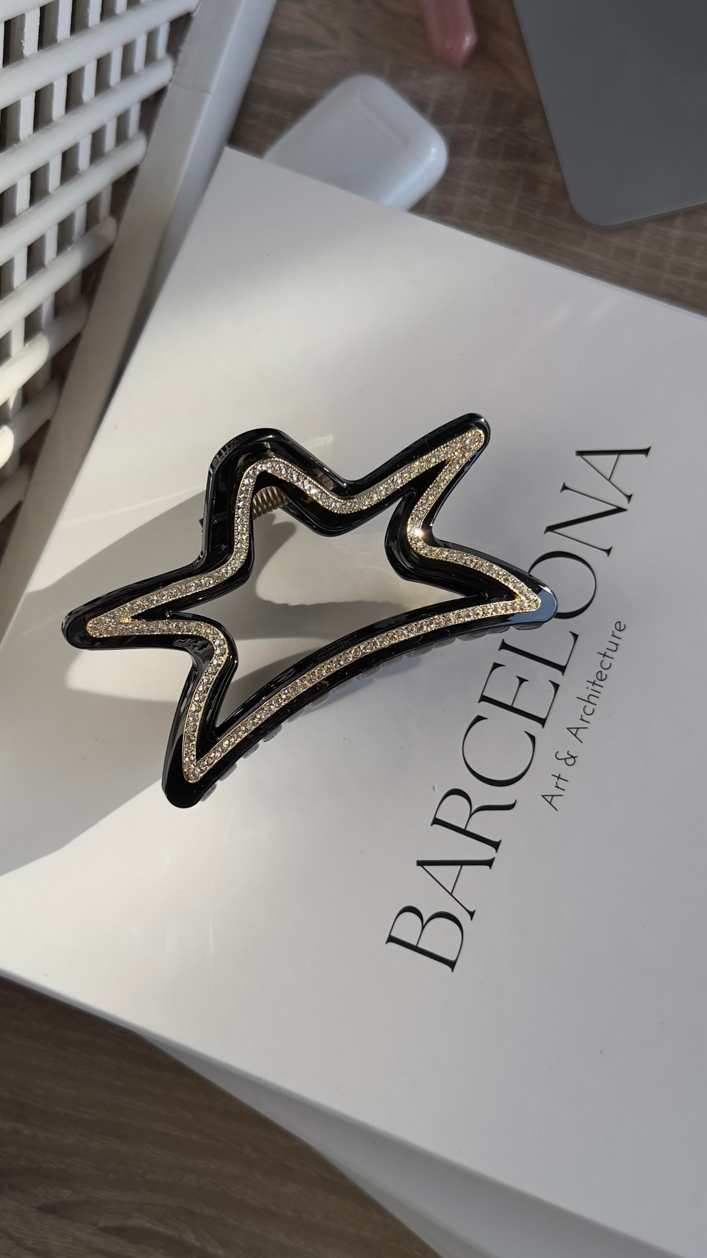 Siyah Silver Taşlı Yıldızlı Kıskaçlı Toka