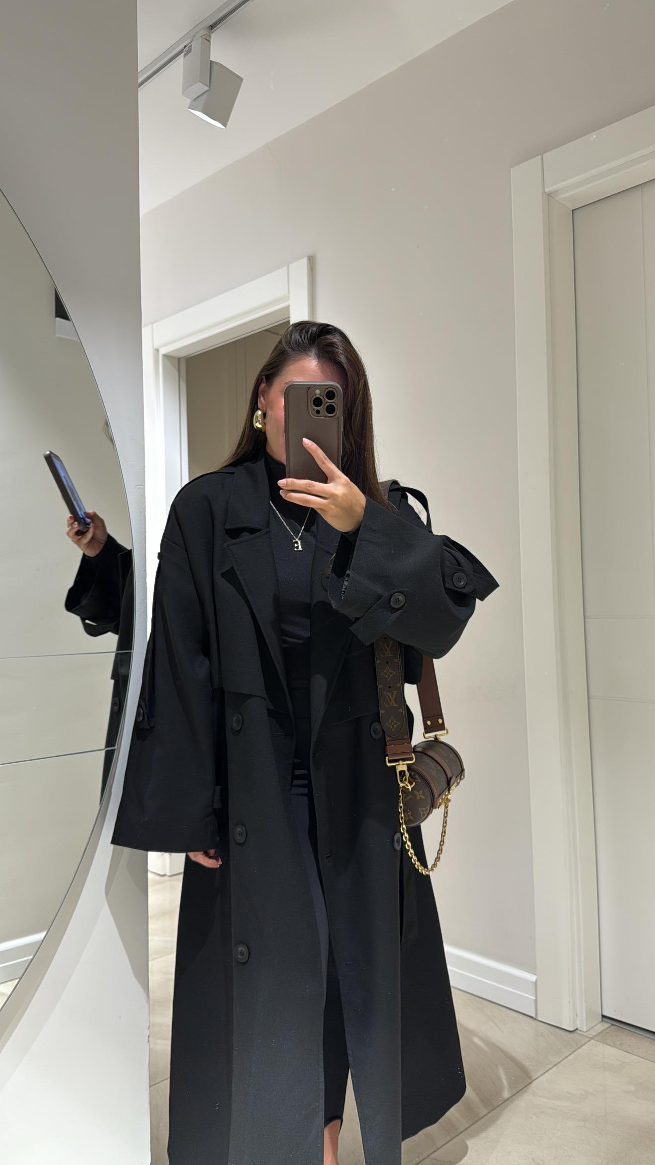 Siyah Tokalı Premium Oversize Trenç 