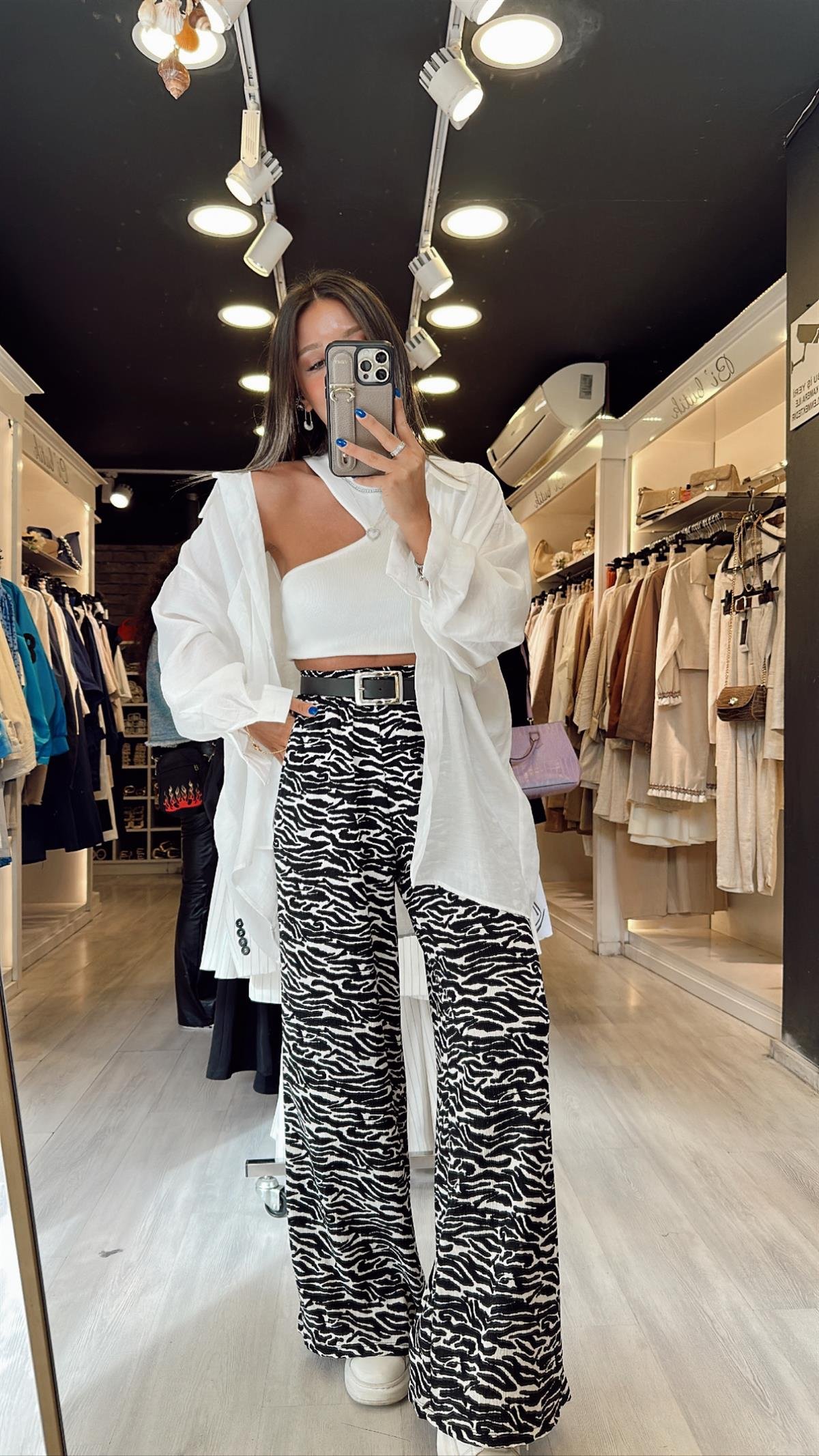 Siyah Zebra Desen Bol Paça Pantolon 
