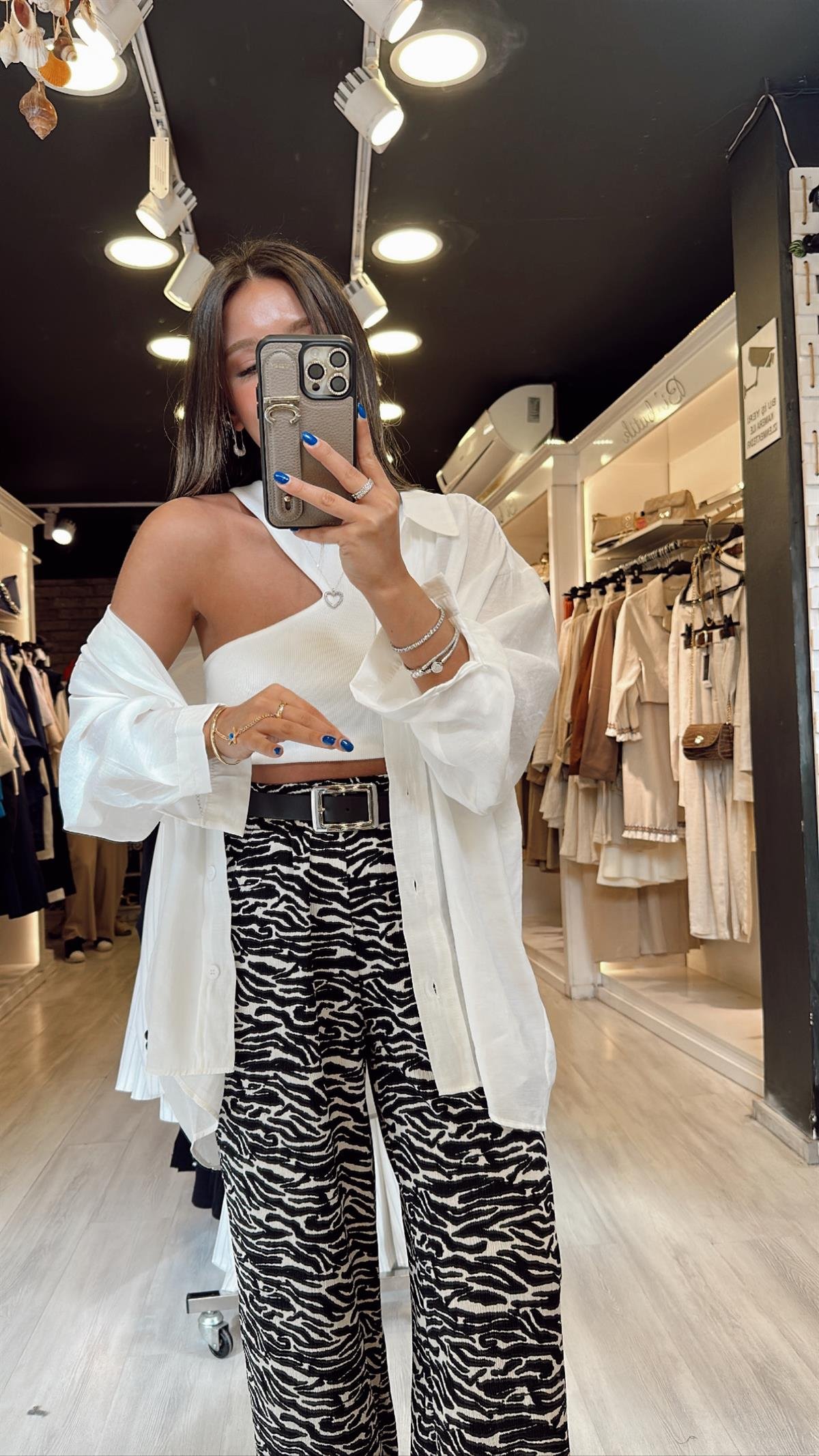 Siyah Zebra Desen Bol Paça Pantolon 