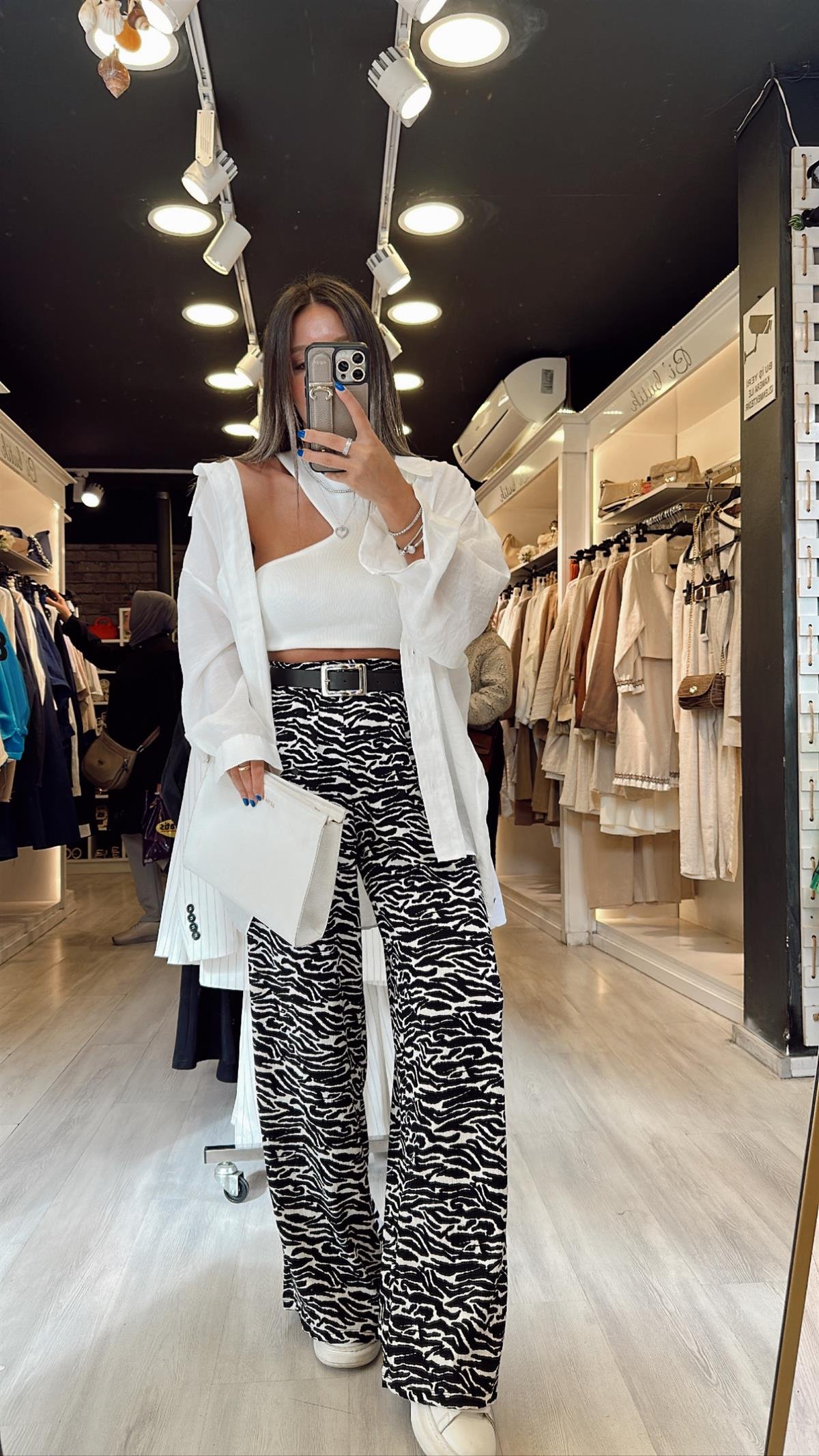 Siyah Zebra Desen Bol Paça Pantolon 